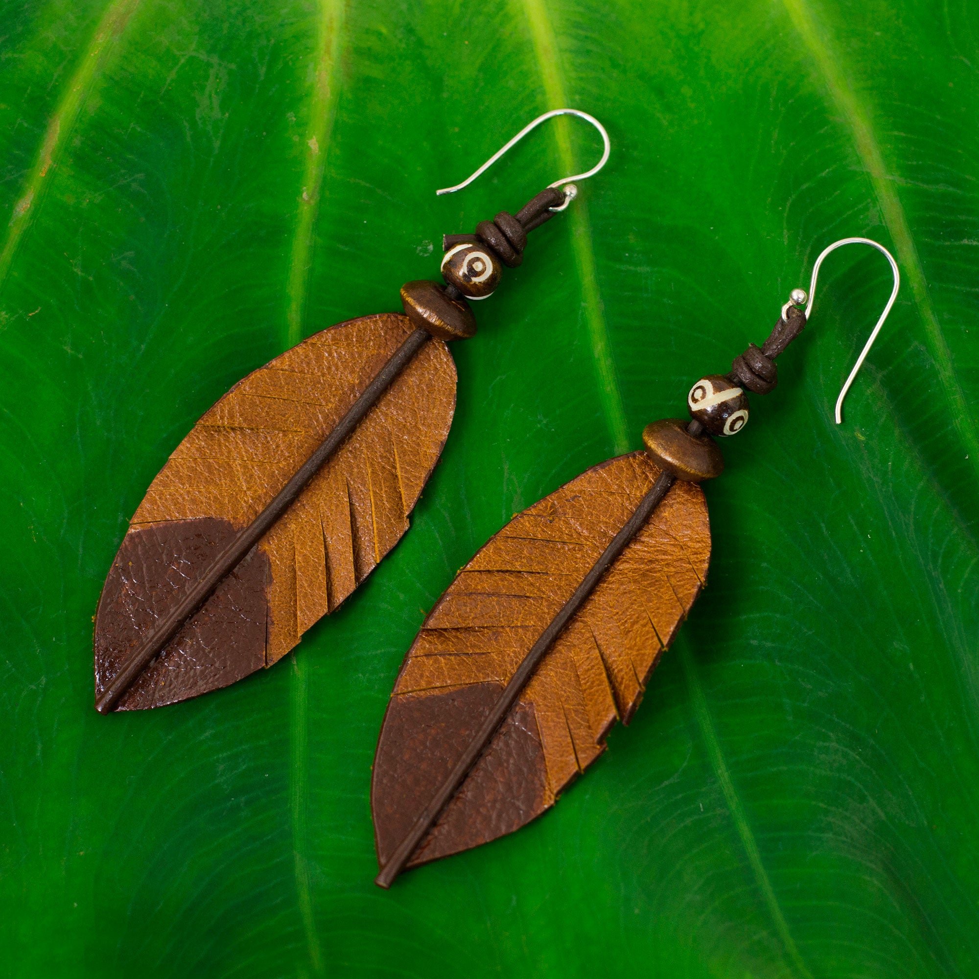 Premium Nature-Inspired Feather Earrings - Handcrafted Leather, Bone & Wood Design