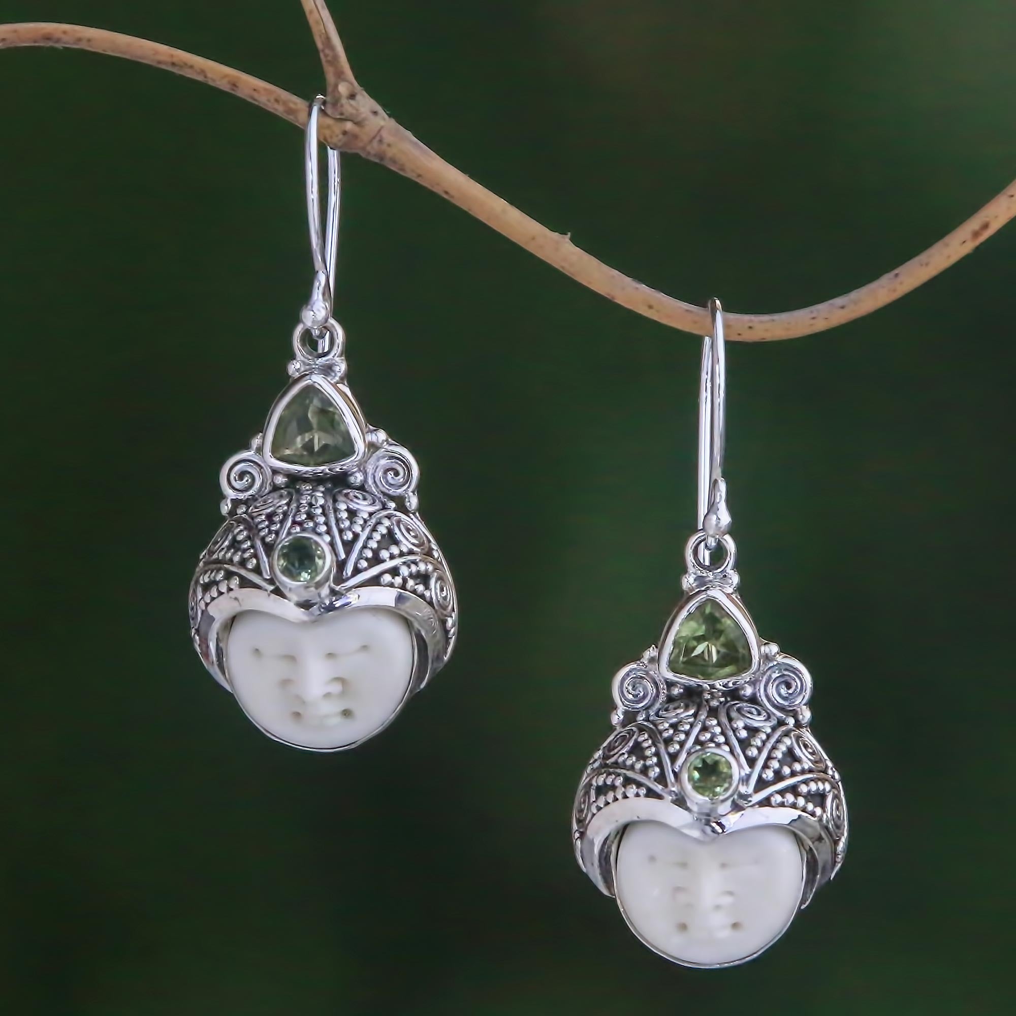 Premium Handcrafted Peridot and Bone Dangle Earrings from Bali - Celuk Pangeran Design