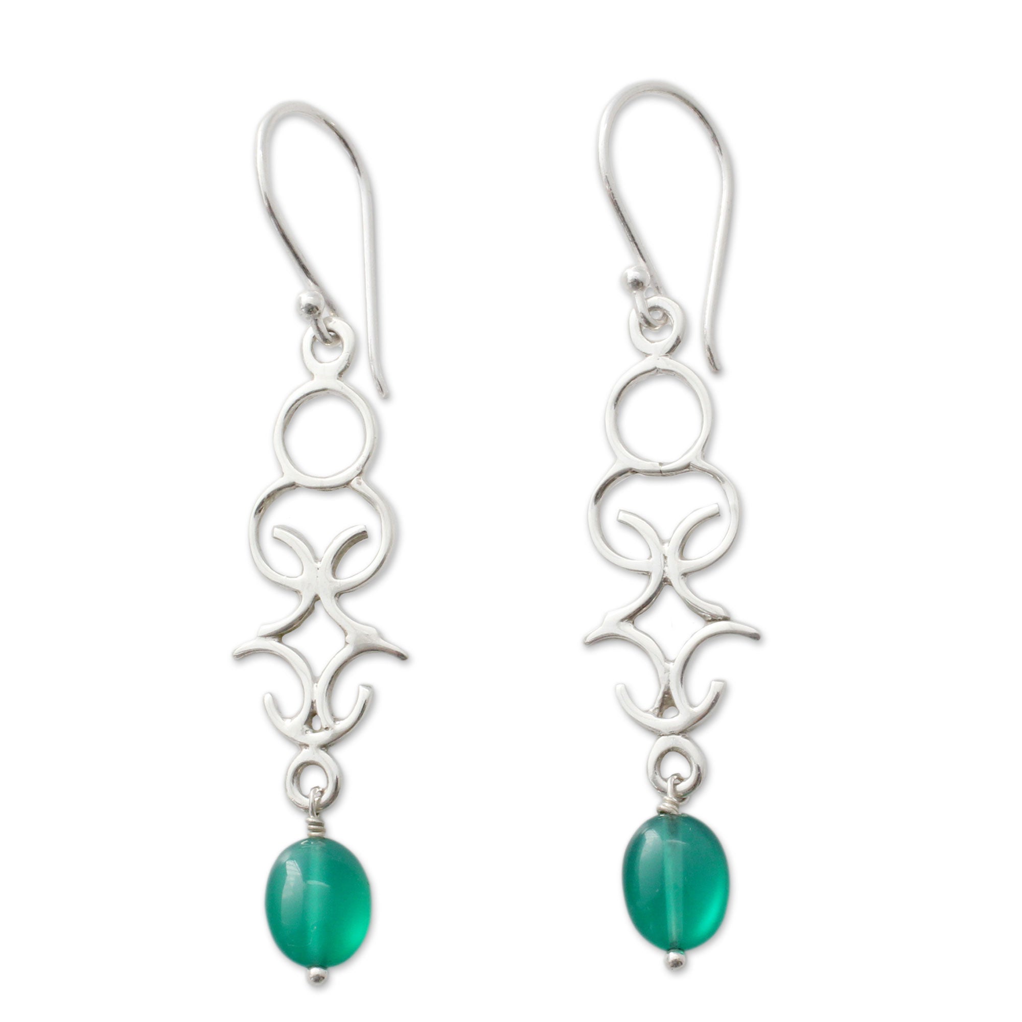 Premium Forest Trellis Dangle Earrings with Green Onyx - Polished Silver Design