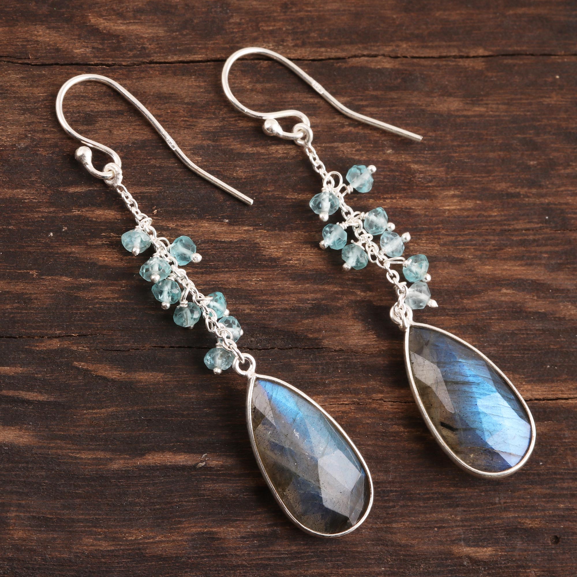 Premium Late Sky 12-Carat Labradorite & Blue Topaz Dangle Earrings