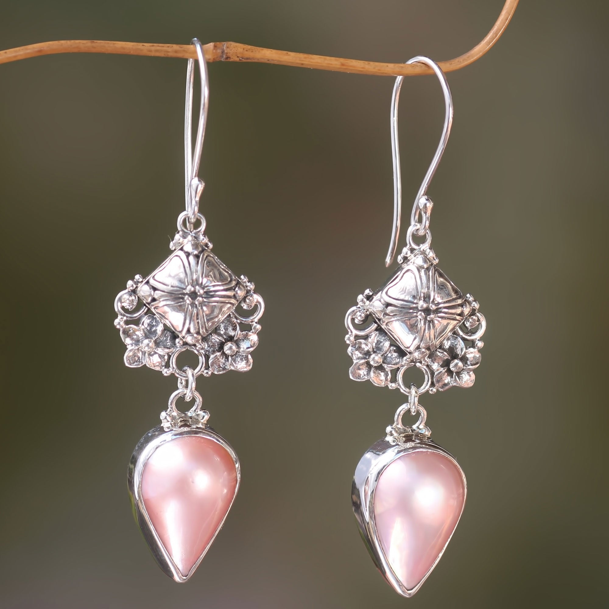 Premium Handmade Pink Mabe Pearl Earrings - Romantic Bali Sterling Silver Design