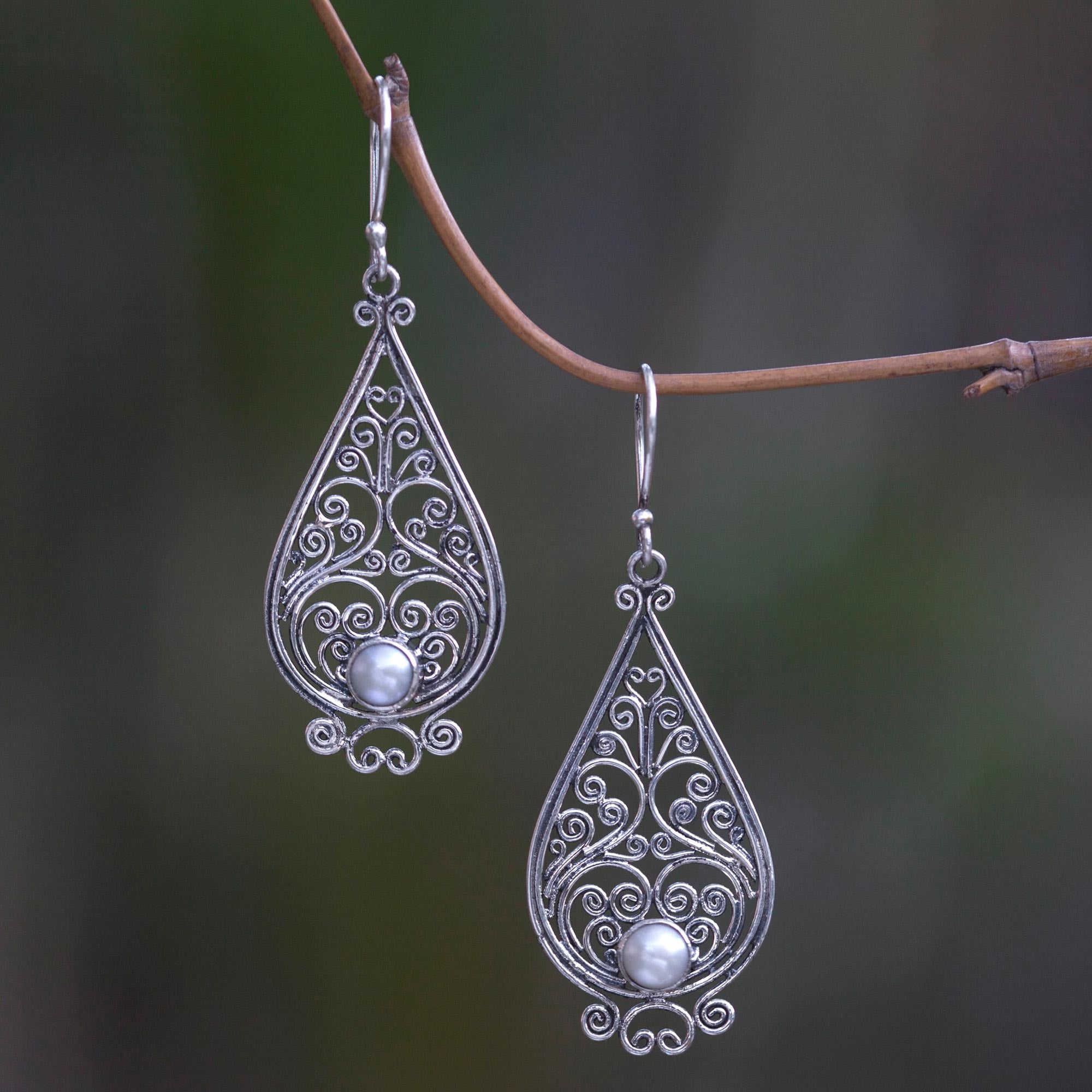 Premium Balinese Silver Filigree Pearl Earrings – Handcrafted Elegance