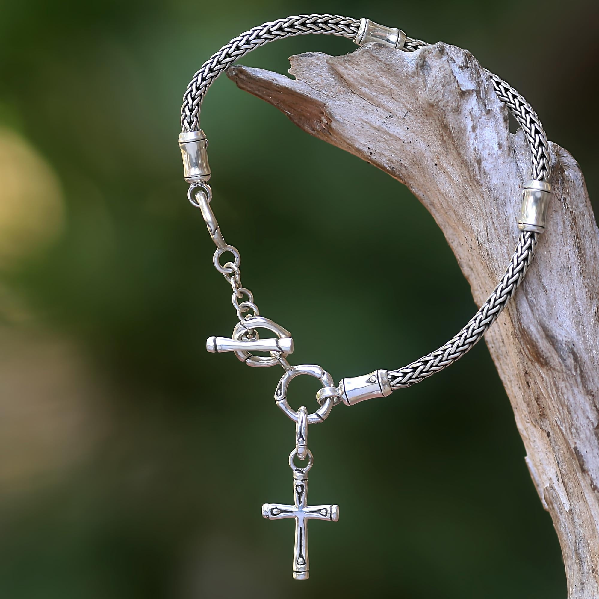 Premium Bamboo Cross Charm Bracelet - Handcrafted Sterling Silver Spiritual Jewelry from Bali