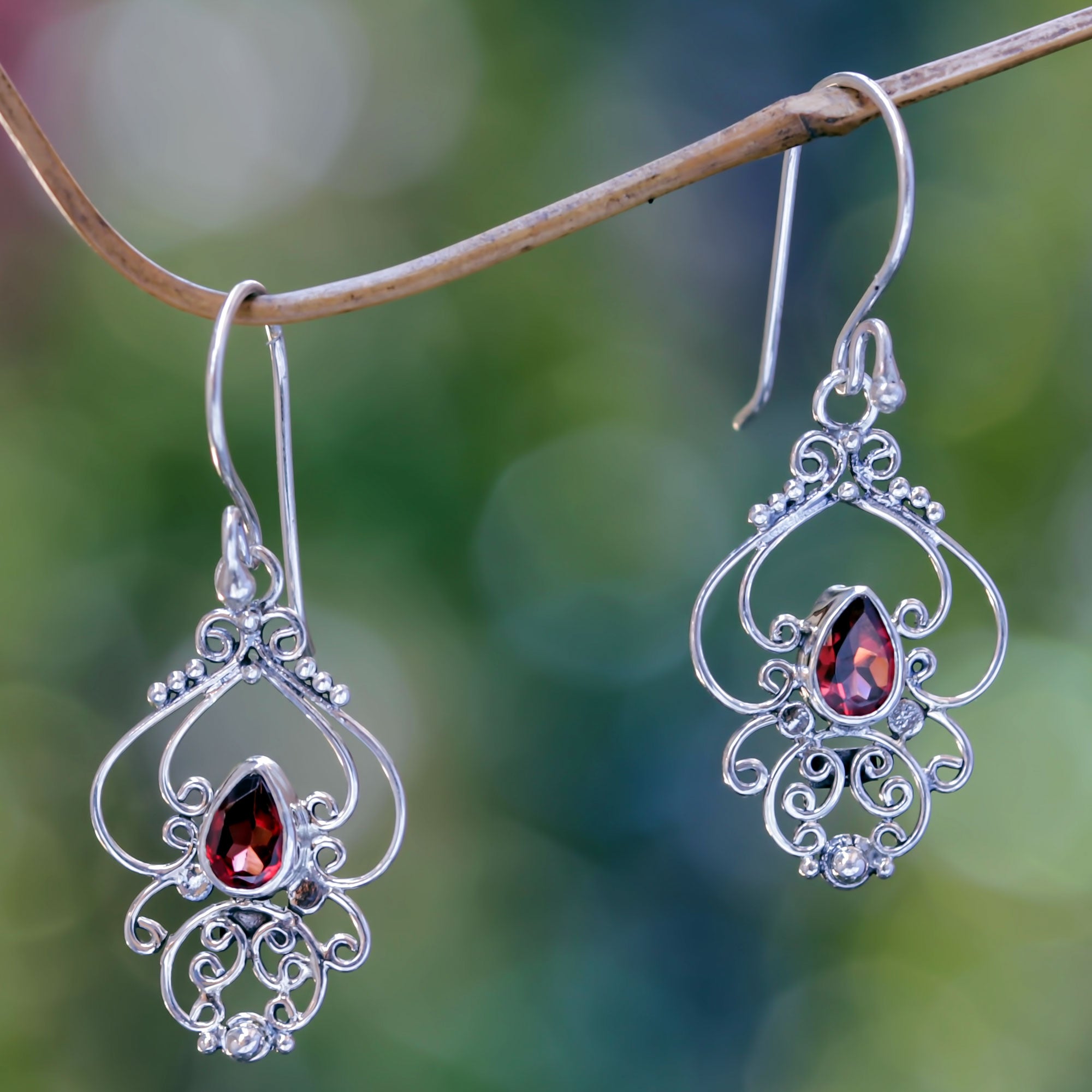 Premium Crimson Arabesque Garnet Dangle Earrings in Sterling Silver