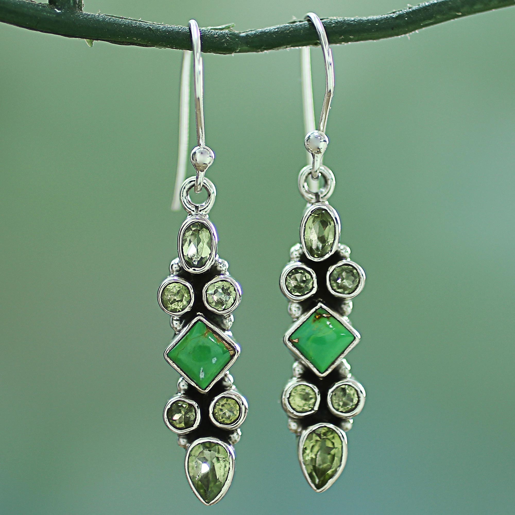 Premium Mesmerizing Peridot & Turquoise Sterling Silver Dangle Earrings - Handcrafted in India