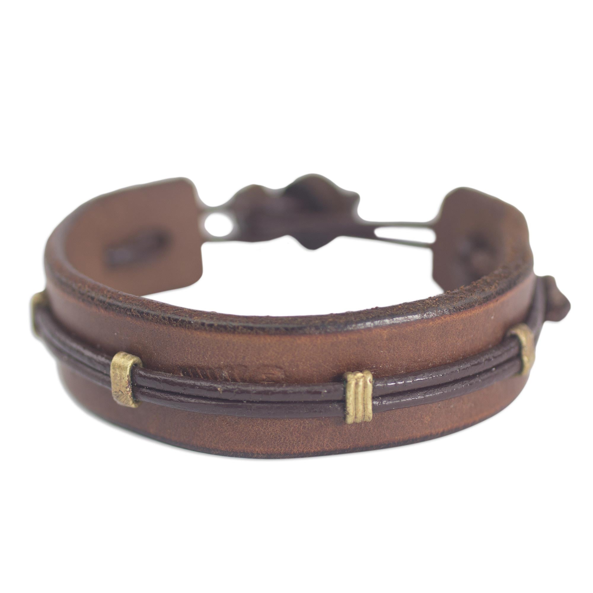 Premium Handcrafted Leather Wristband Bracelet for Men - Brown with Brass Accents