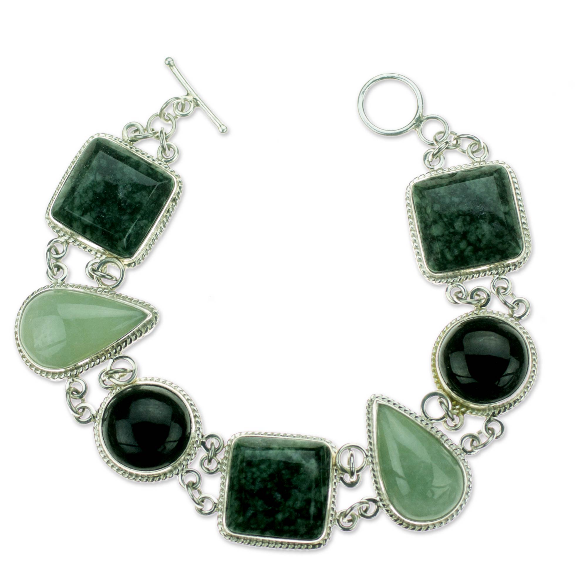 Premium Natural Geometry Jade Bracelet in Sterling Silver - Elegant Green & Black Design