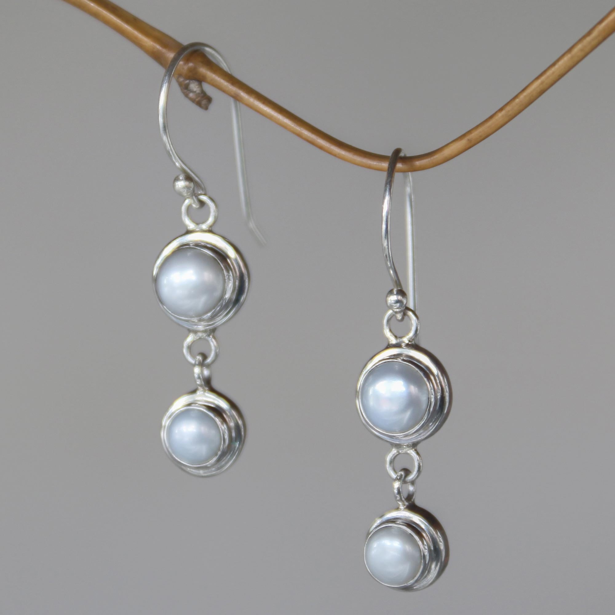 Premium Two Full Moons Pearl & Silver Drop Earrings - Handcrafted Elegance