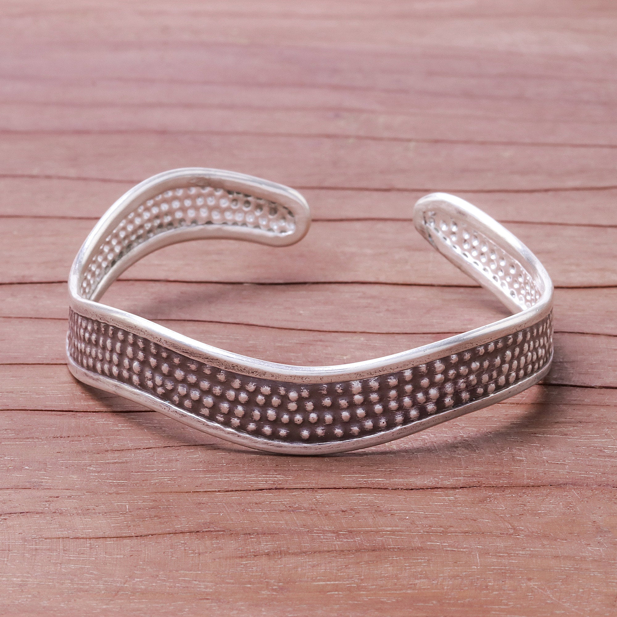 Premium Karen Silver Wave Cuff Bracelet - Handcrafted Textured Design