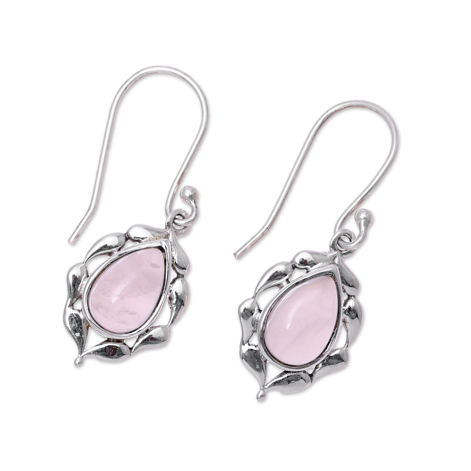 Premium Rose Quartz Dangle Earrings - Handcrafted Sterling Silver Paisley Design from India