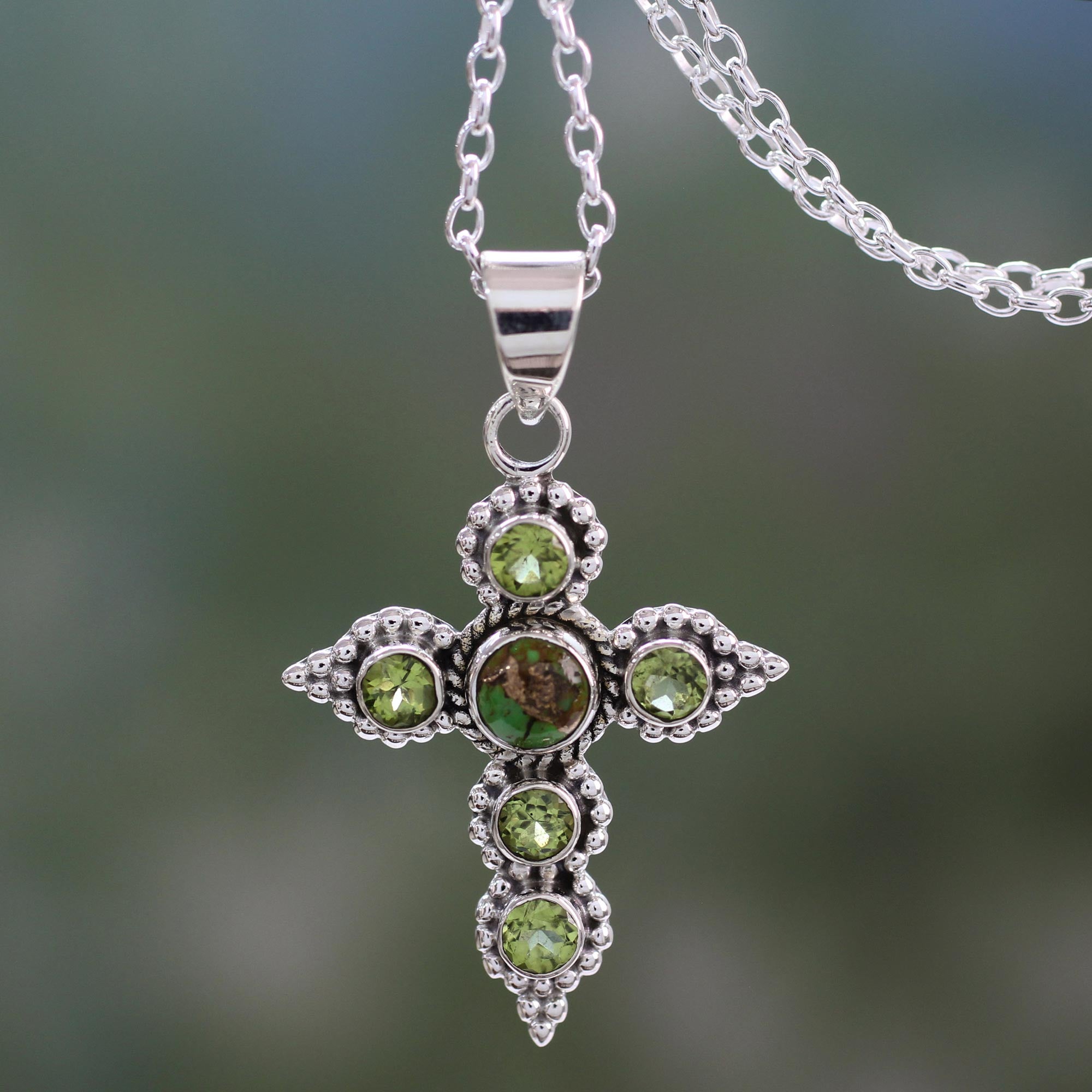 Premium Divine Harmony Artisan Crafted Peridot and Sterling Silver Cross Necklace