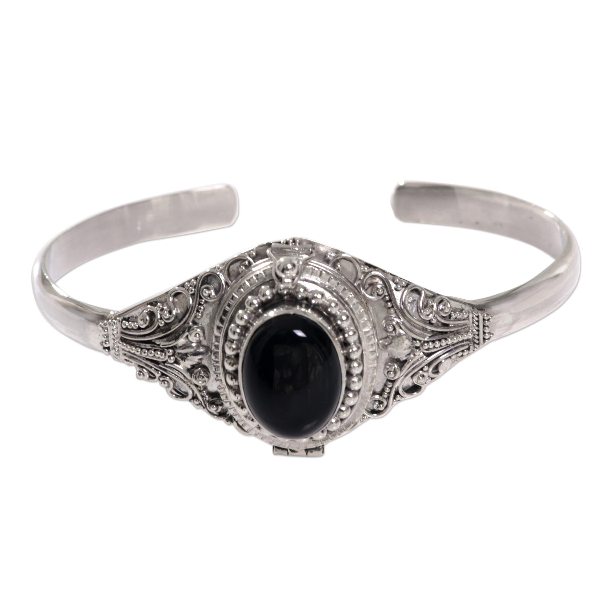 Premium Onyx & Sterling Silver Cuff Locket Bracelet - Handcrafted in Bali