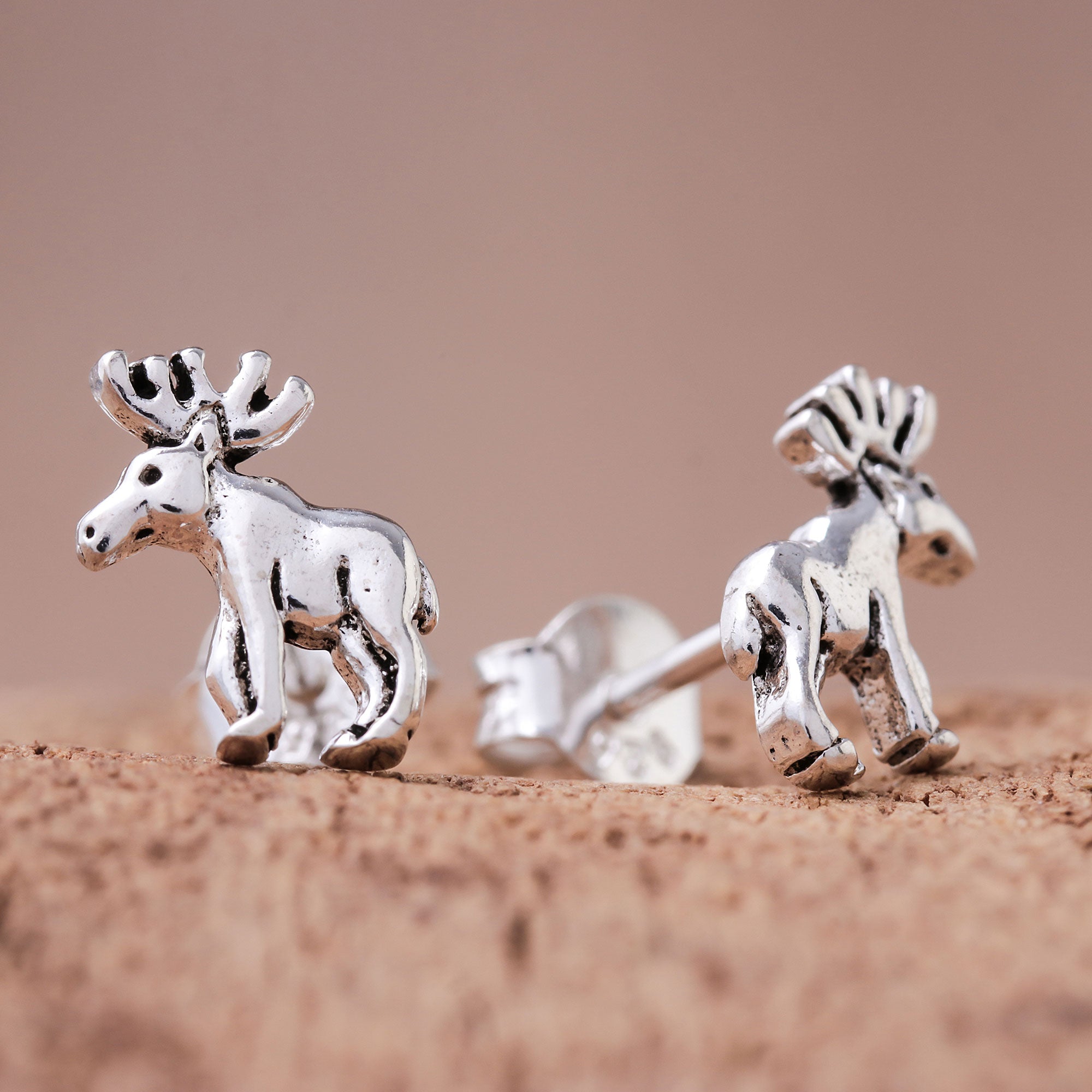 Premium Moose Sterling Silver Stud Earrings - Handcrafted in Thailand