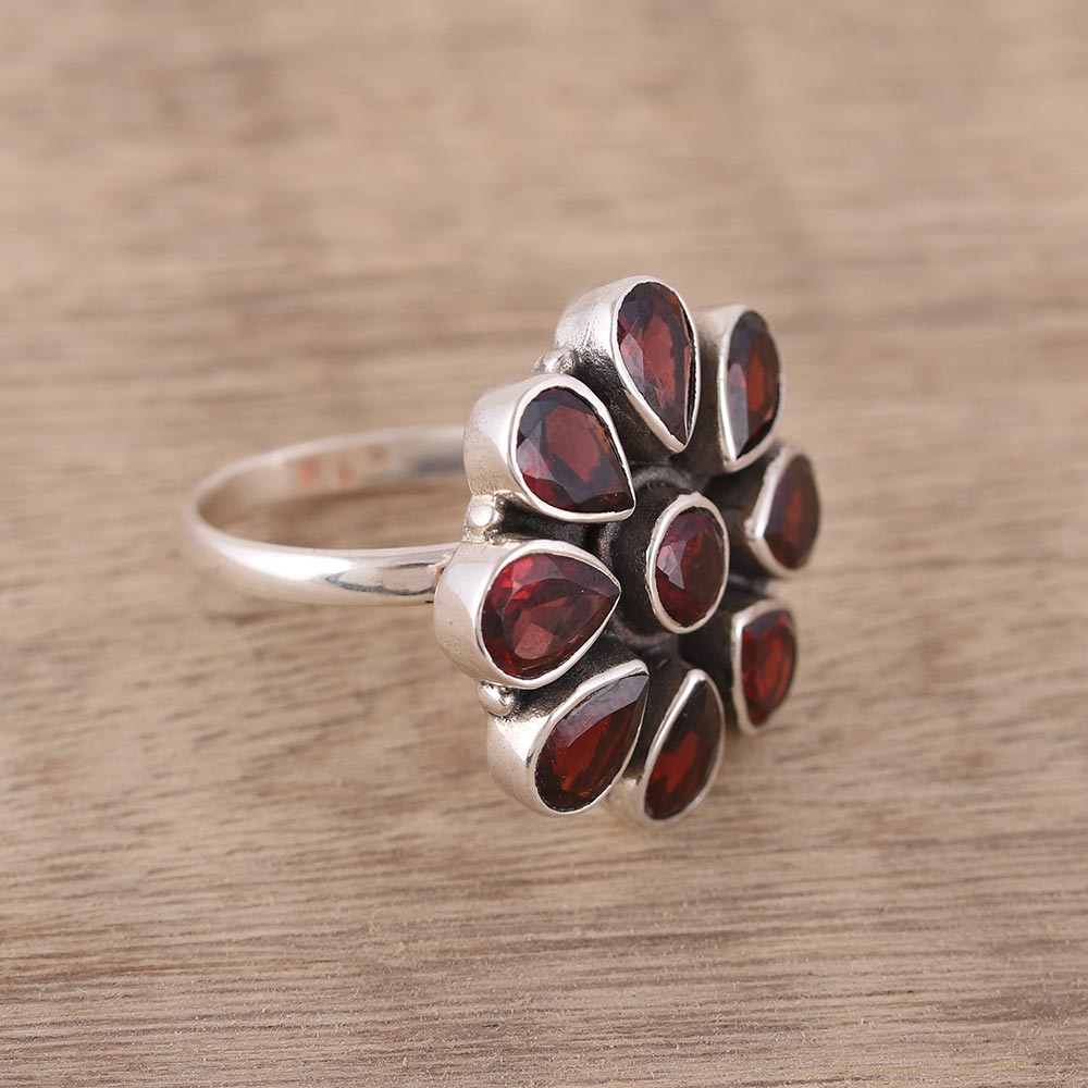 Premium Floral Glamour Garnet Ring - Sterling Silver Flower Jewelry