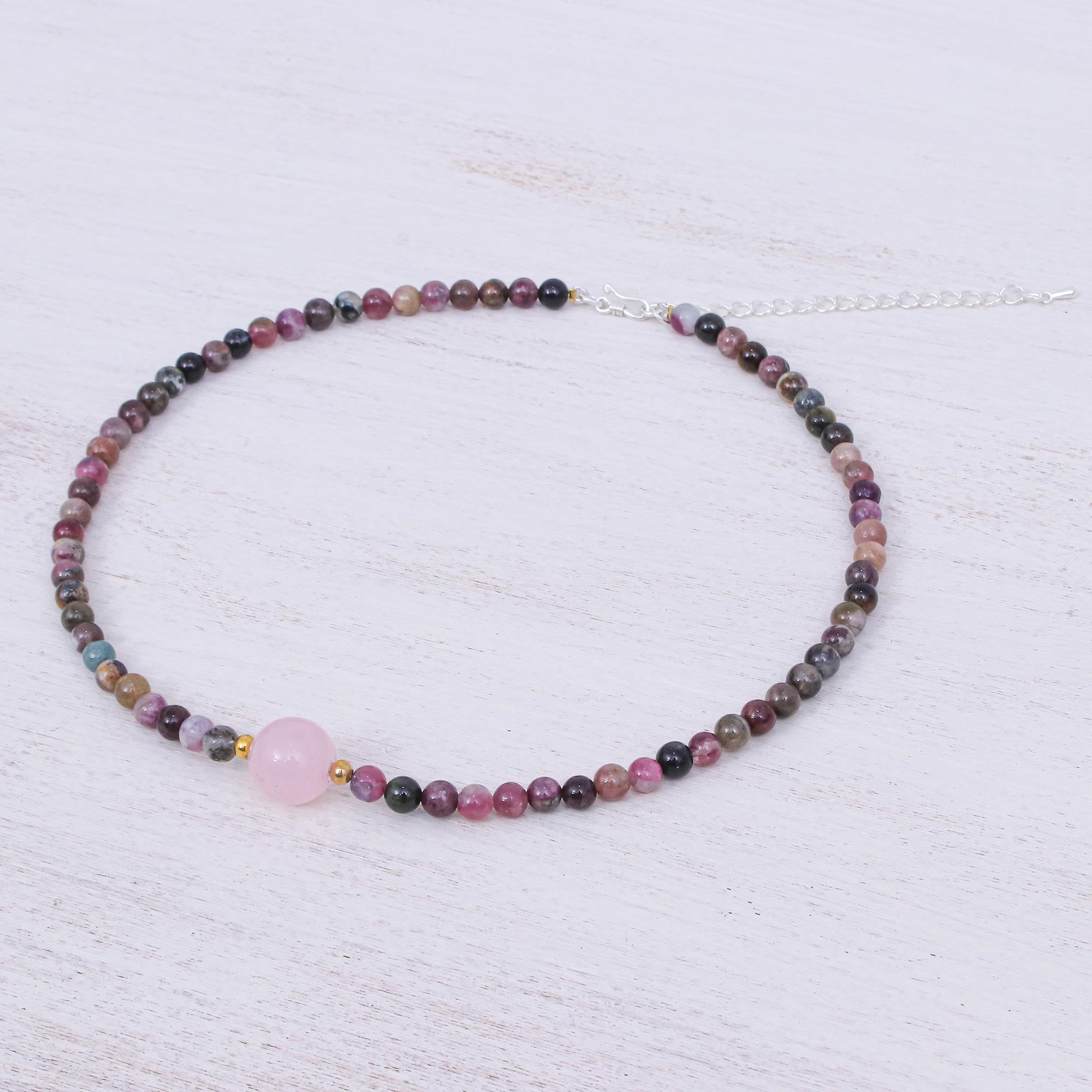 Premium Rose Quartz & Tourmaline Beaded Necklace - Handmade Elegance