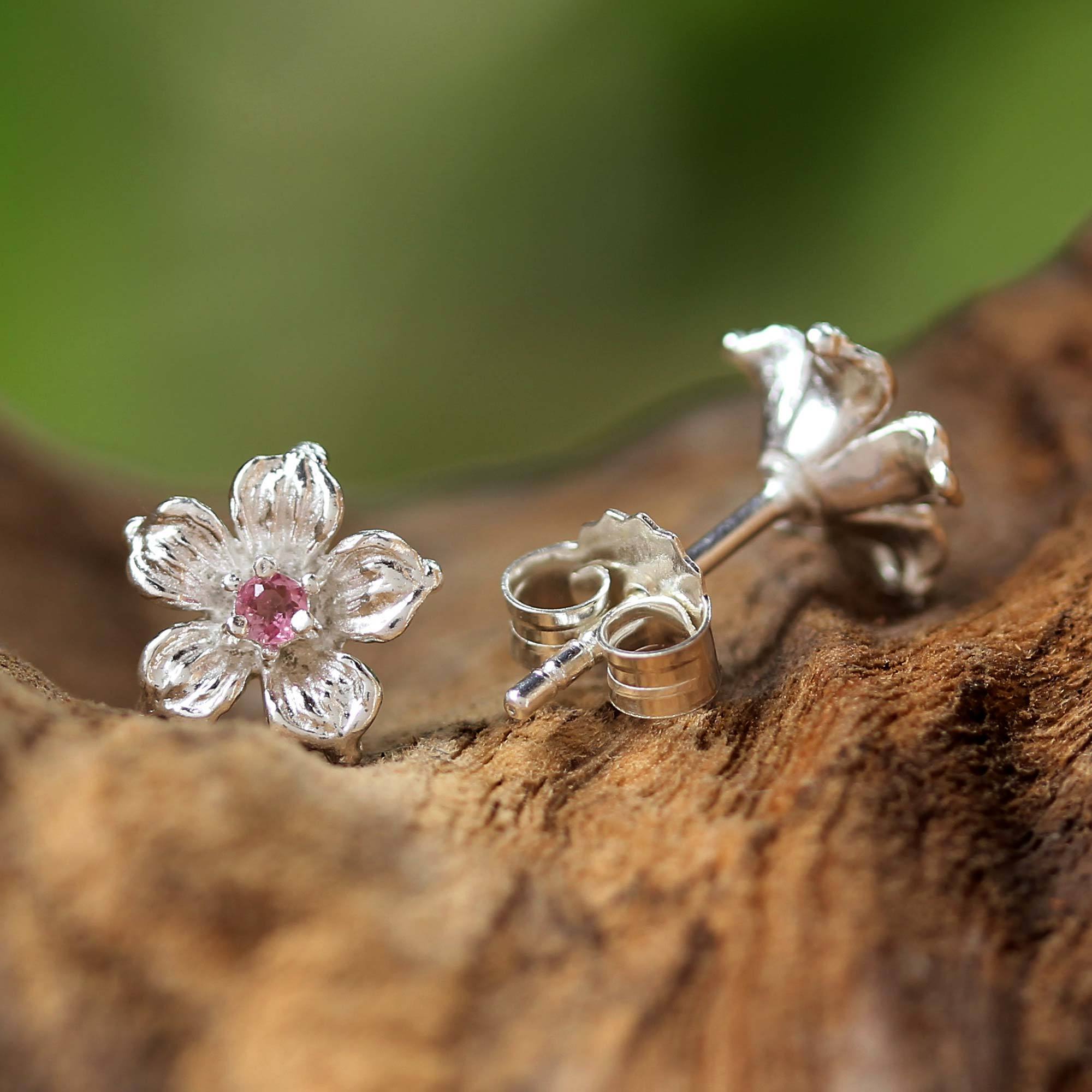 Premium Winter Blooms Sterling Silver Stud Earrings with Rosy Tourmaline