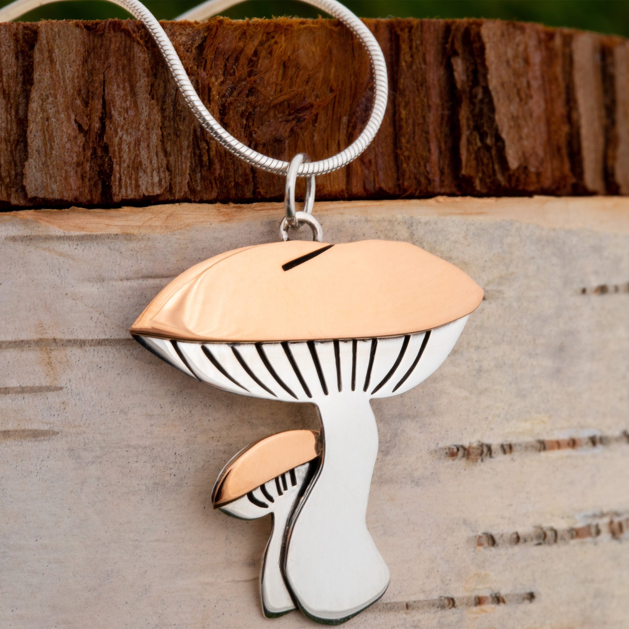 Premium Sterling Silver & Copper Mushroom Pendant Necklace