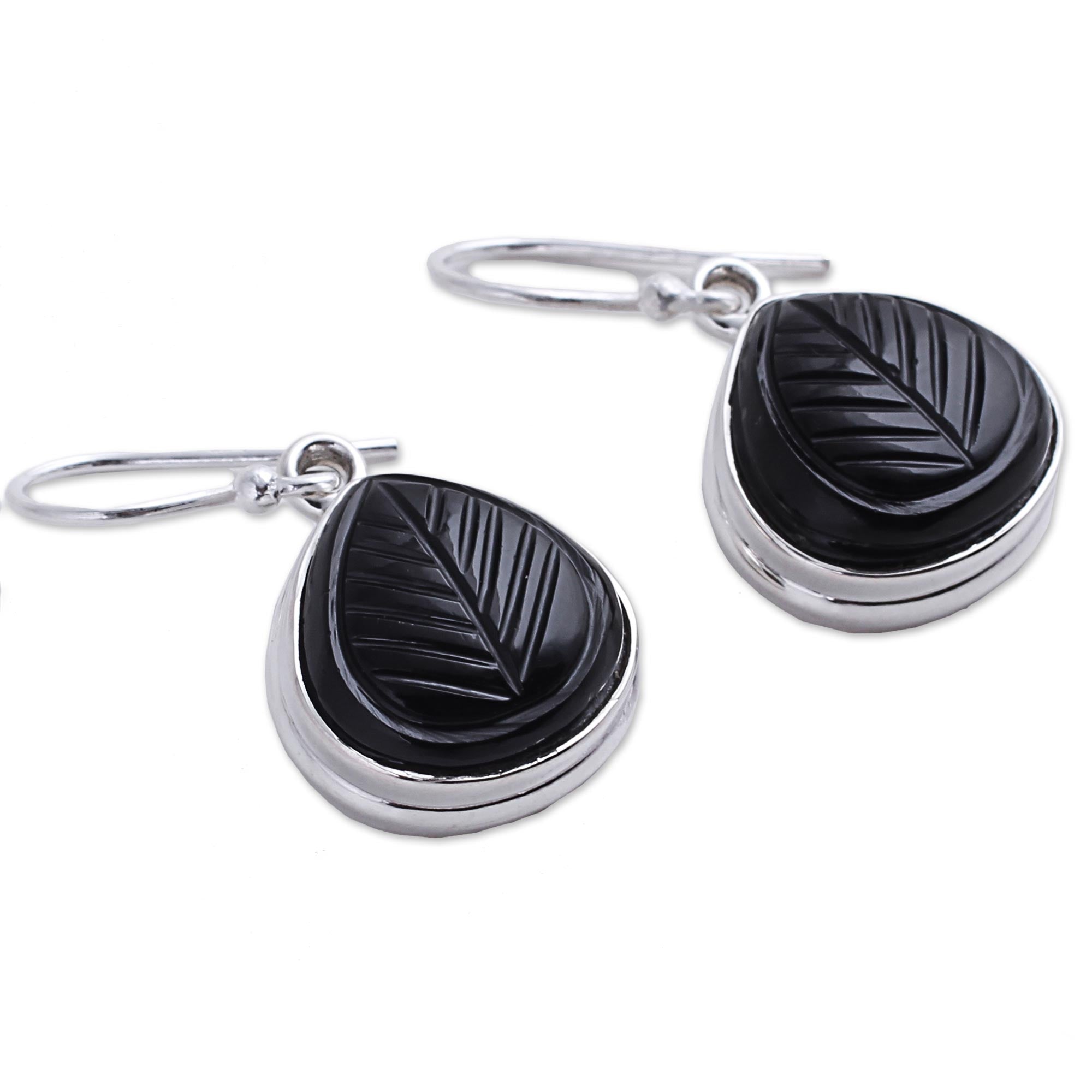 Premium Handcrafted Betel Leaf Sterling Silver Onyx Dangle Earrings from India