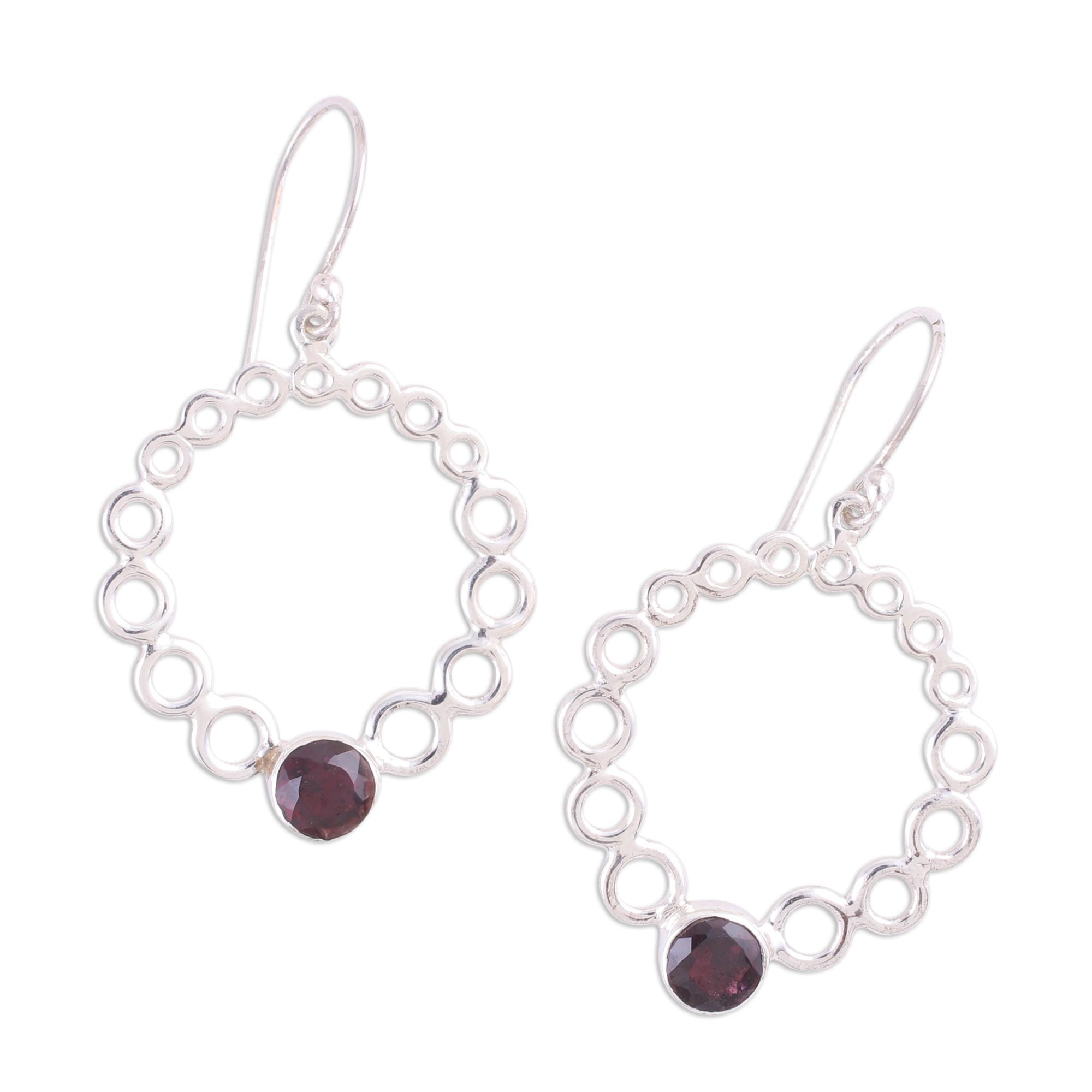 Premium Halo Circle Garnet Dangle Earrings - Handcrafted Sterling Silver Jewelry from India