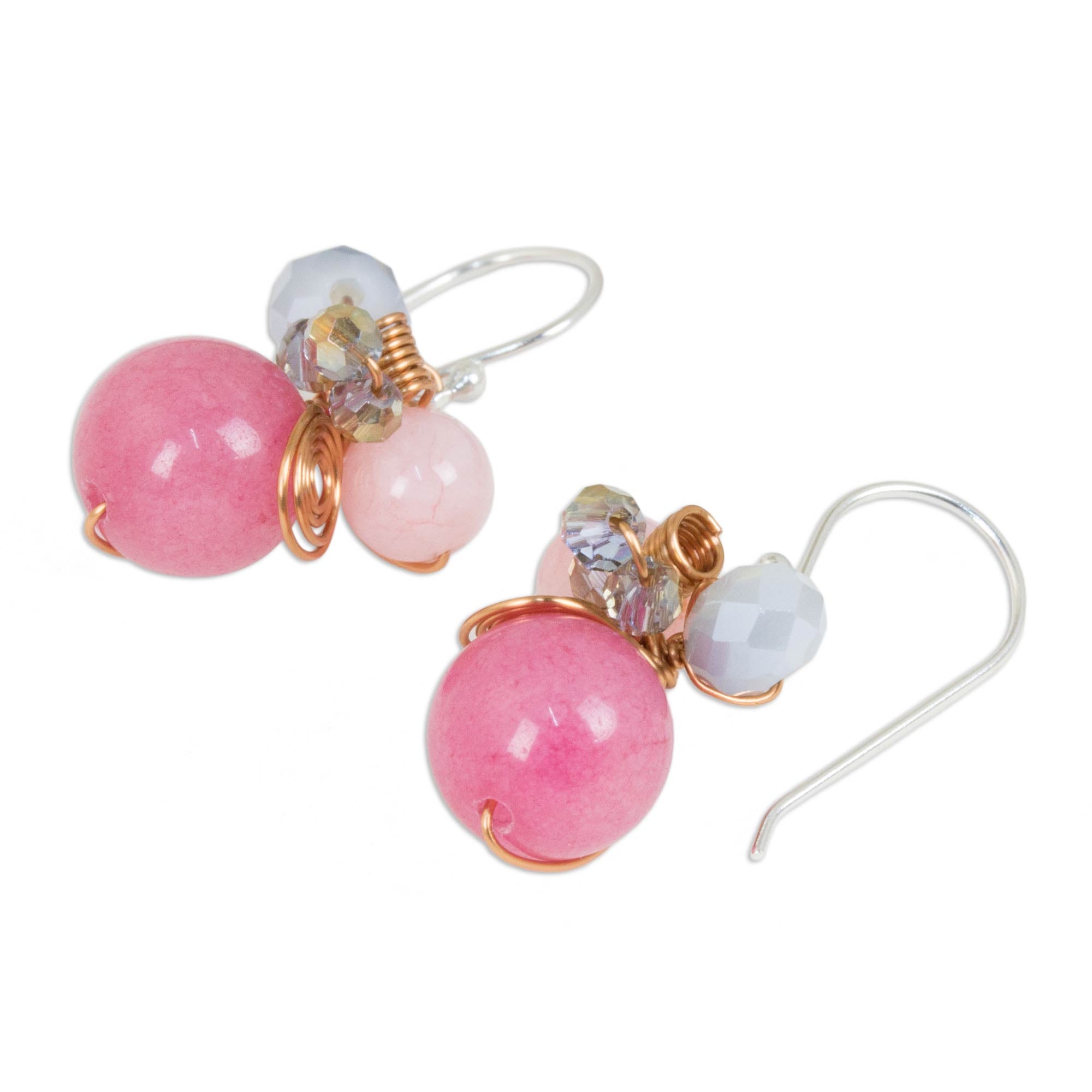 Premium Pink Bubbles Quartz & Glass Bead Dangle Earrings with Copper Accents