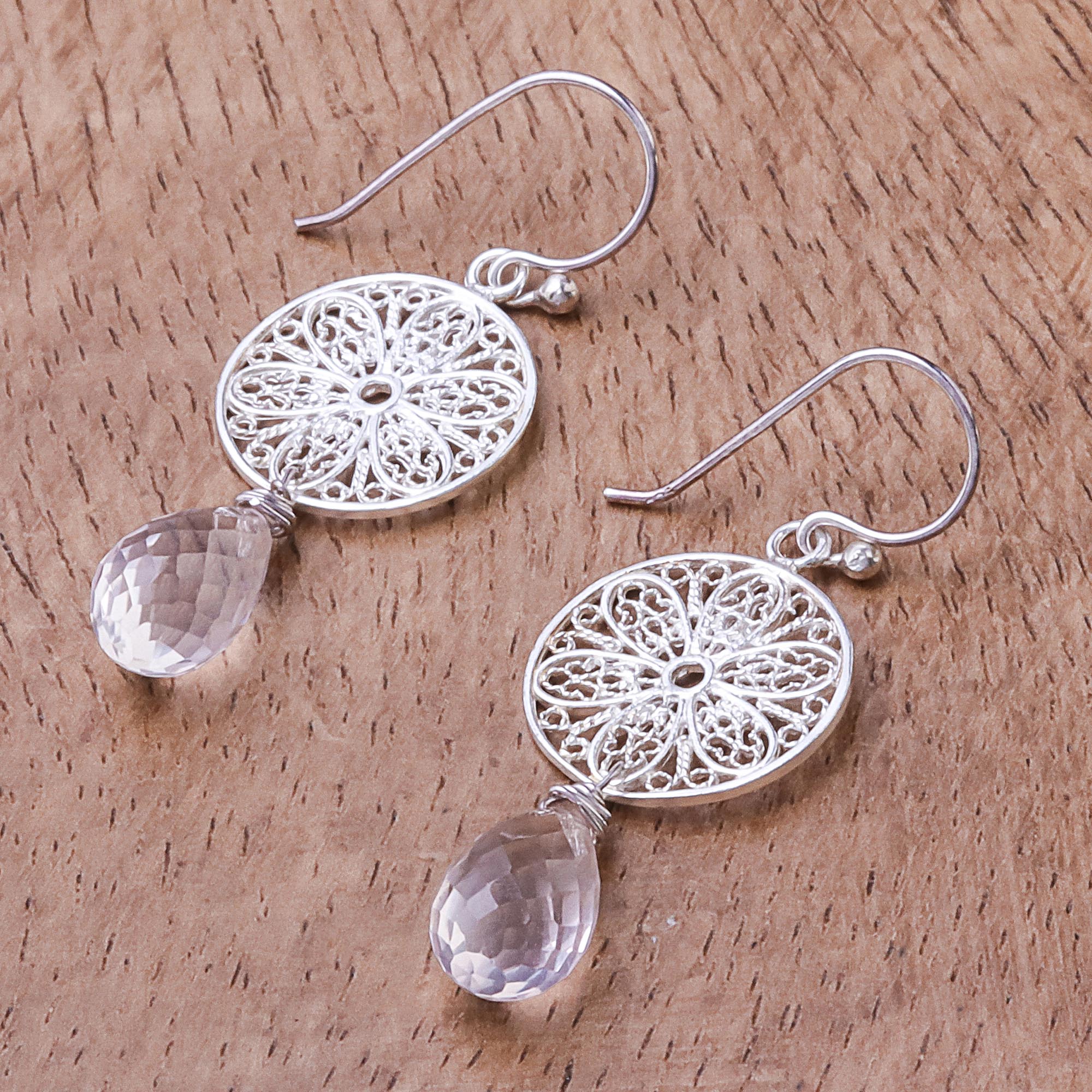 Premium Rose Quartz Dangle Earrings with Sterling Silver Web Design