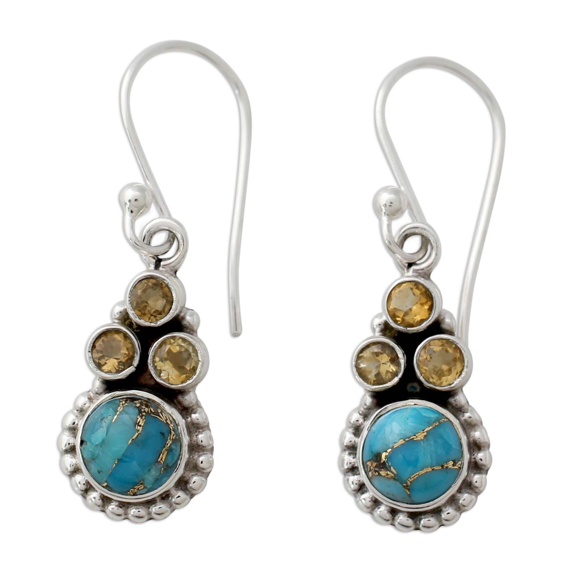 Premium Petite Flowers Indian Sterling Silver Earrings with Citrine and Turquoise – Handcrafted Elegance