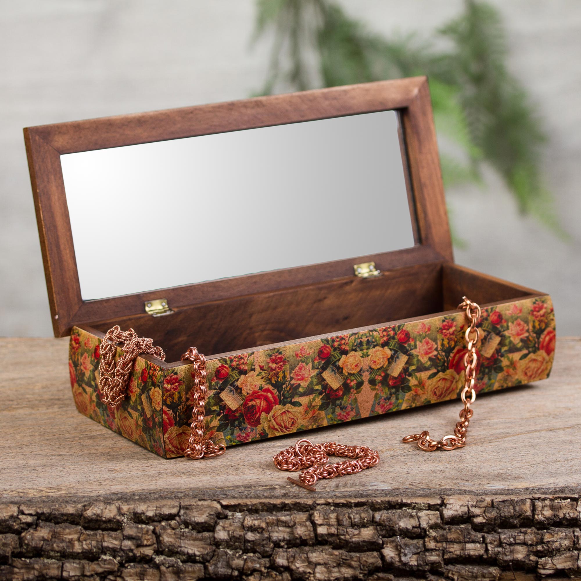 Premium Handcrafted Mexican Rose Jewelry Box with Mirror | Decoupage Art