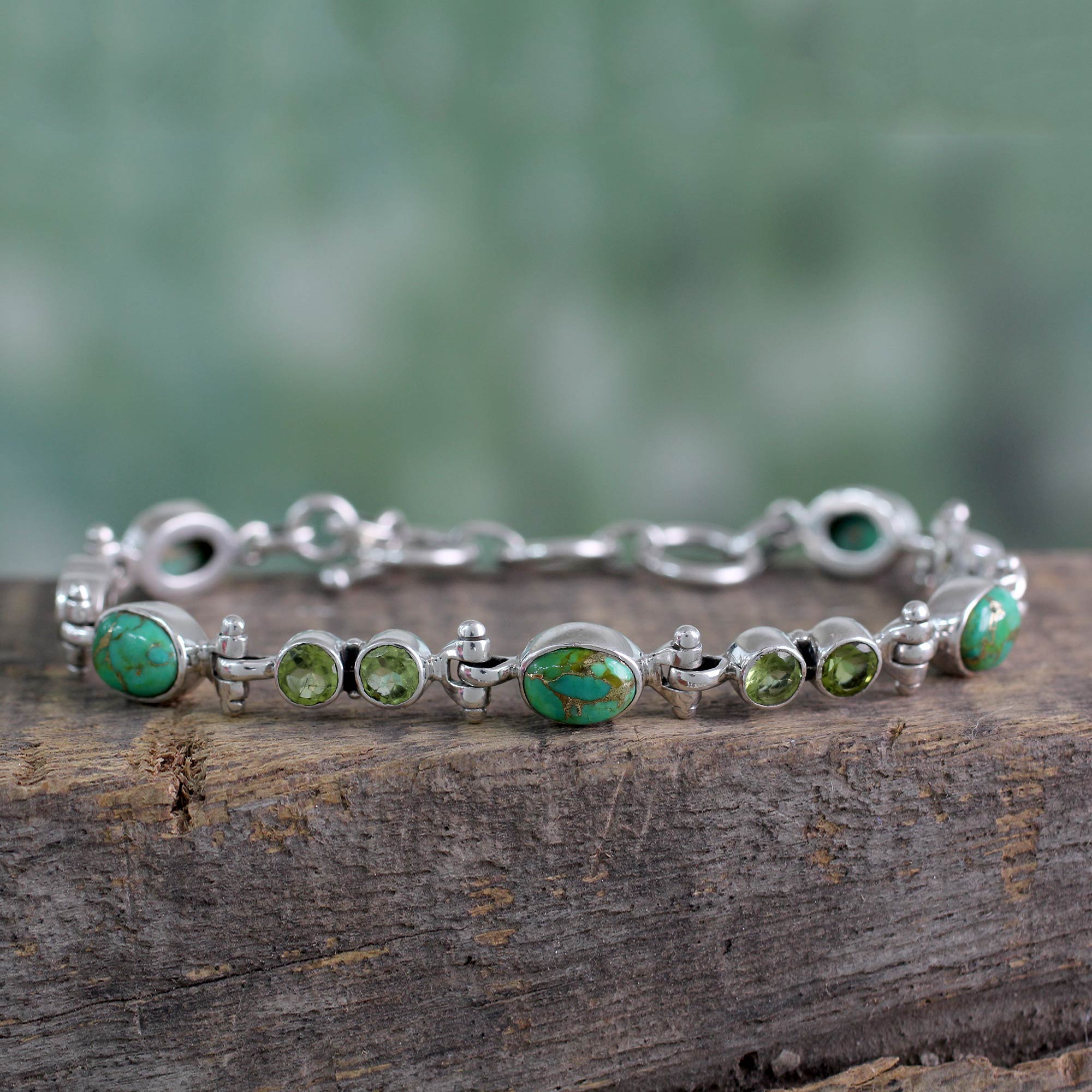 Premium Green Glow Peridot & Turquoise Sterling Silver Bracelet