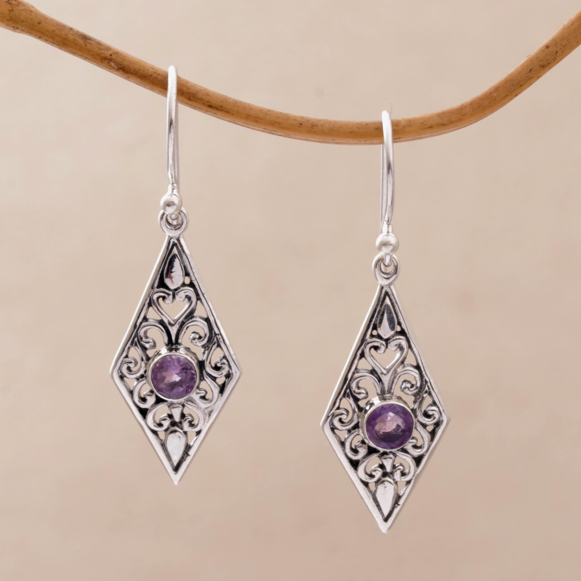 Premium Diamond Vines Amethyst Sterling Silver Dangle Earrings - Handcrafted Elegance