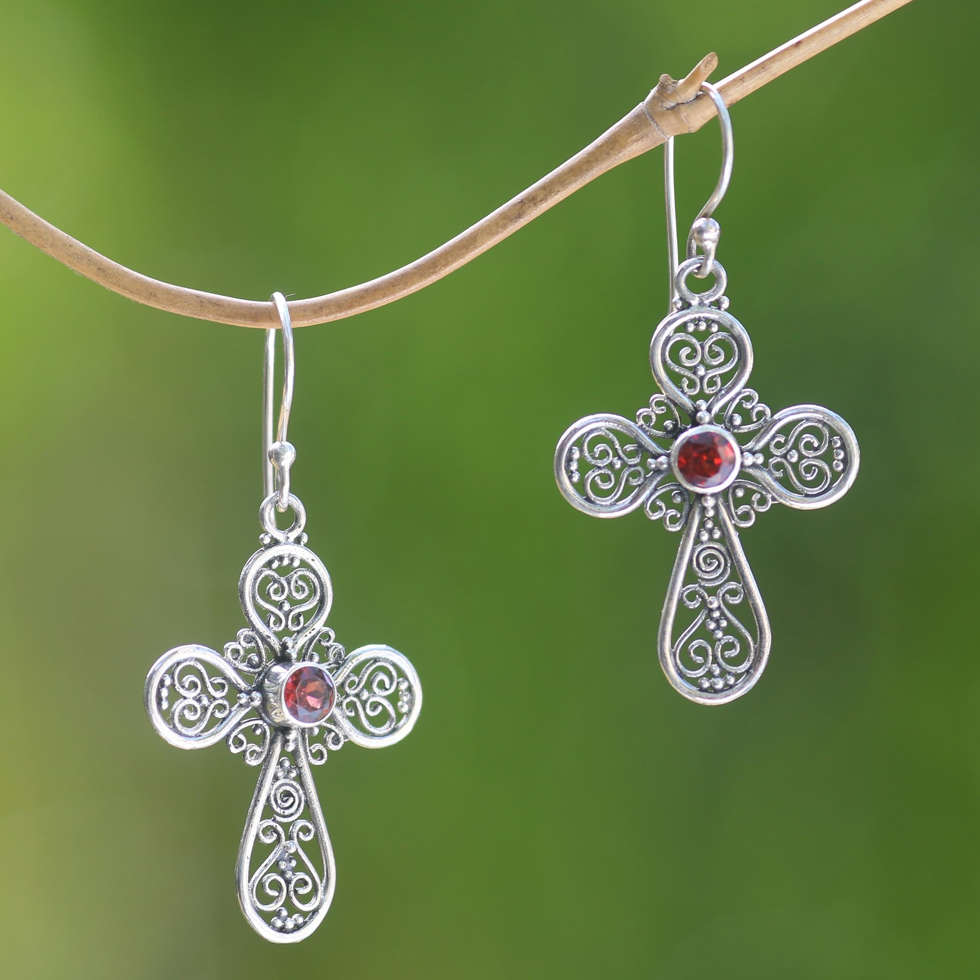 Premium Indonesian Sterling Silver Garnet Cross Earrings - Elegant Hook Design