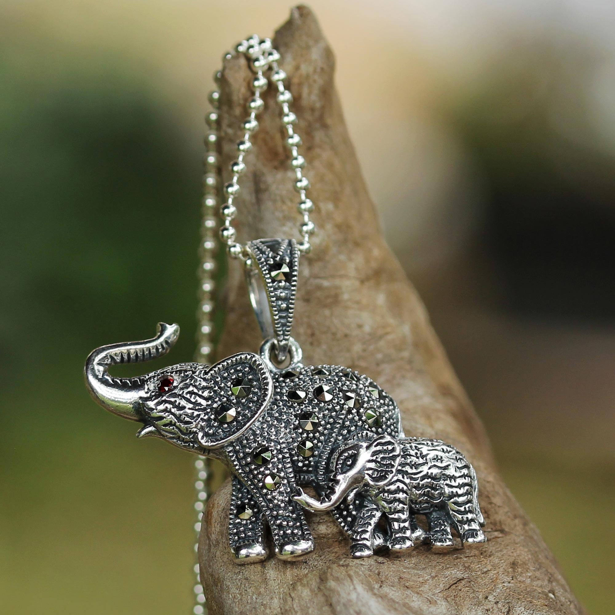 Premium Glistening Elephants Marcasite & Sterling Silver Pendant Necklace