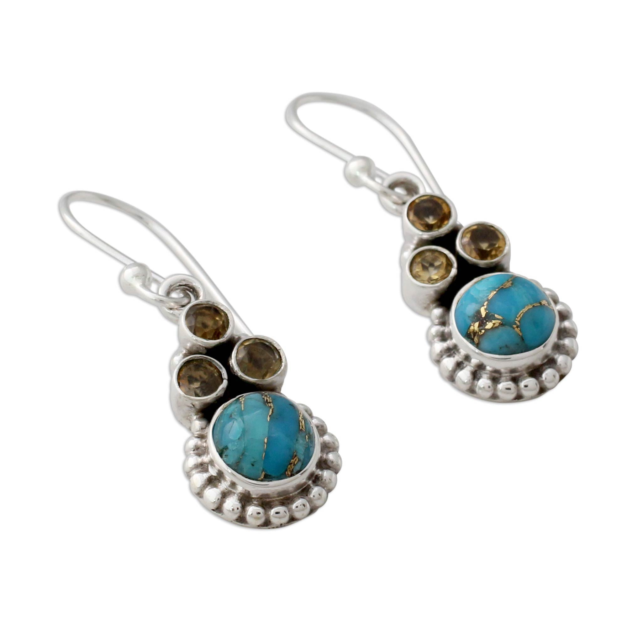 Premium Petite Flowers Indian Sterling Silver Earrings with Citrine and Turquoise – Handcrafted Elegance