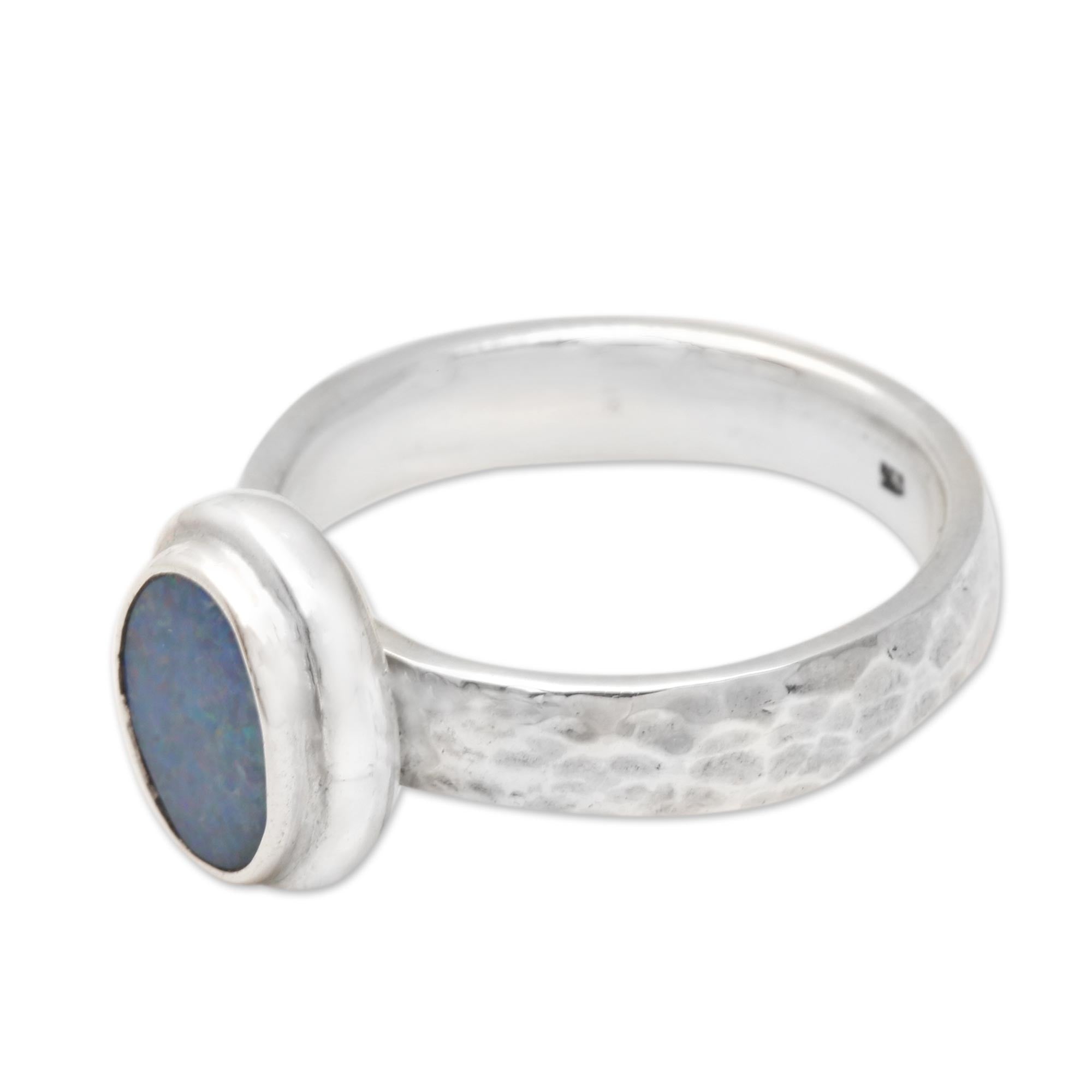 Premium Bali Blue Opal Cocktail Ring - Handcrafted Sterling Silver Jewelry