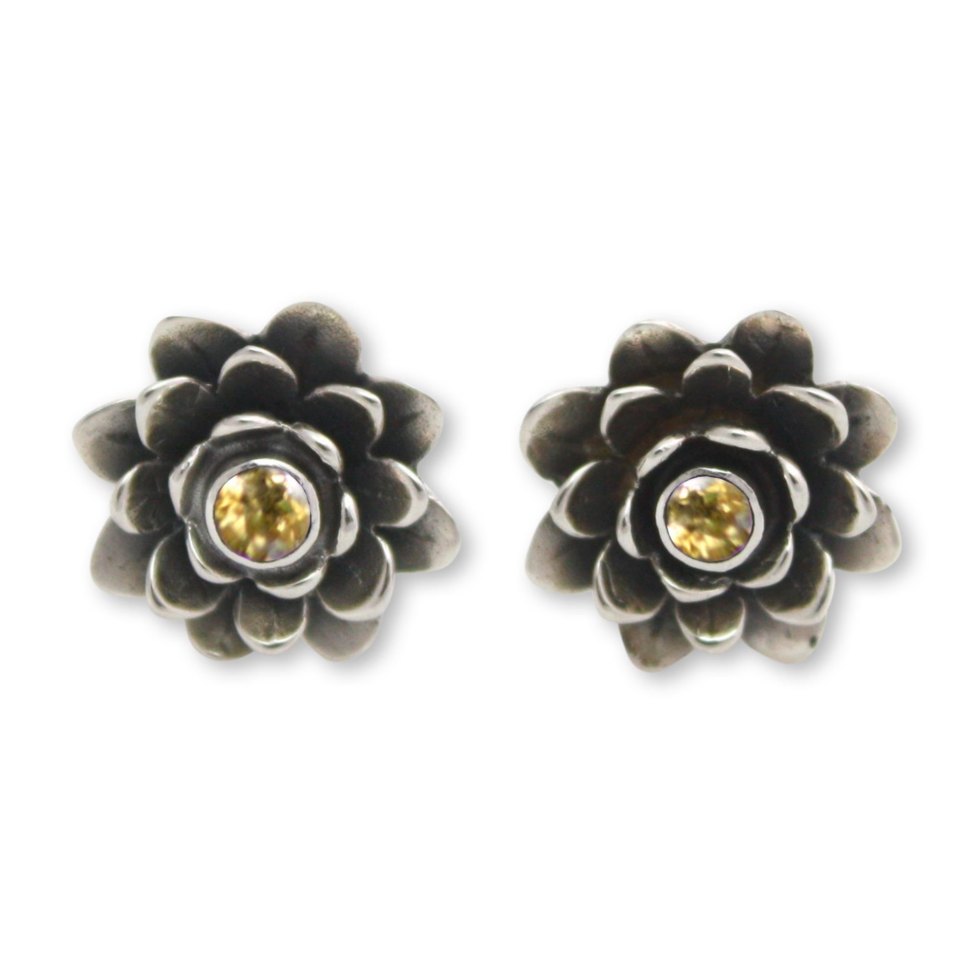 Premium Golden-Eyed Lotus Sterling Silver Earrings