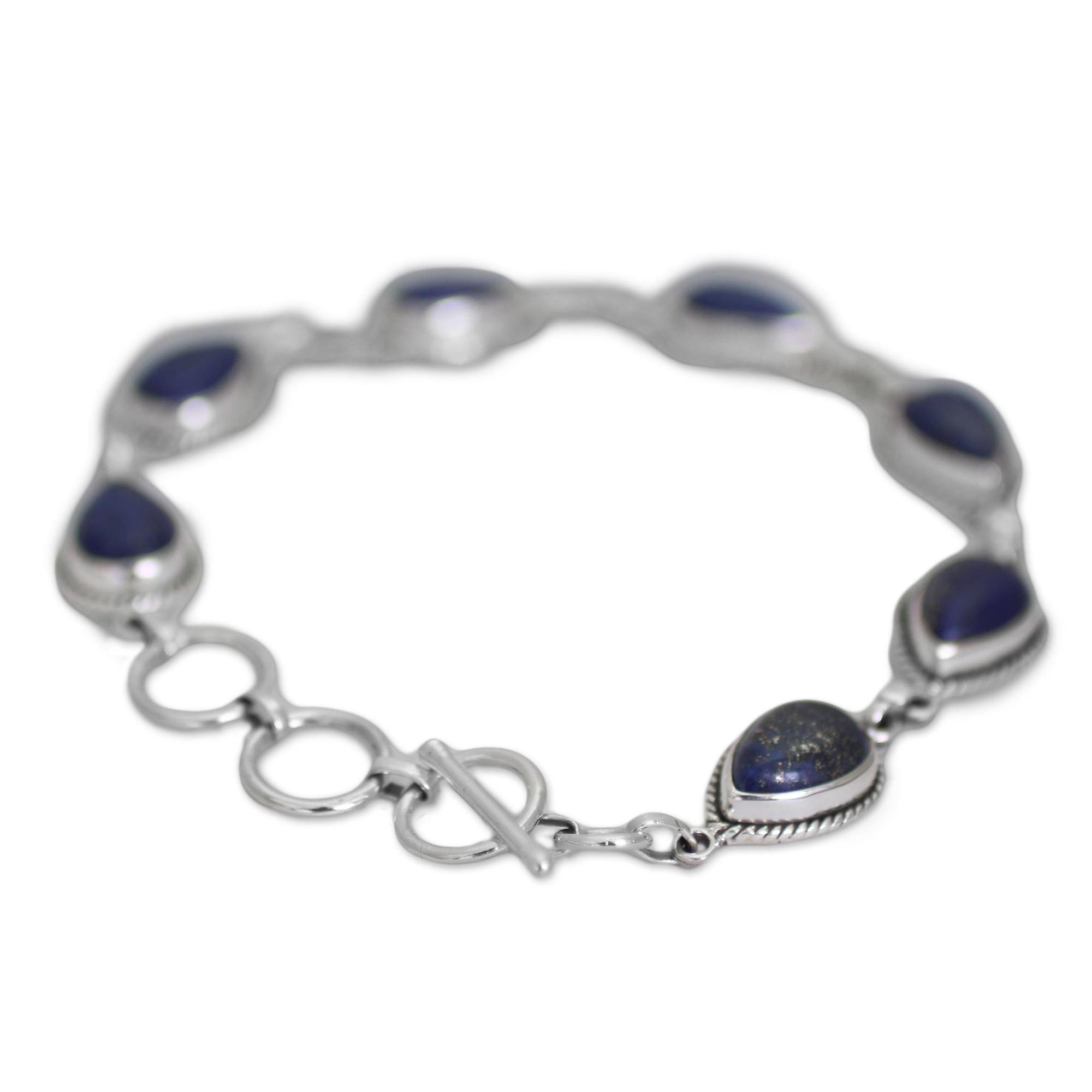 Premium Lapis Lazuli & Silver Link Bracelet - Caressing Rain in Blue