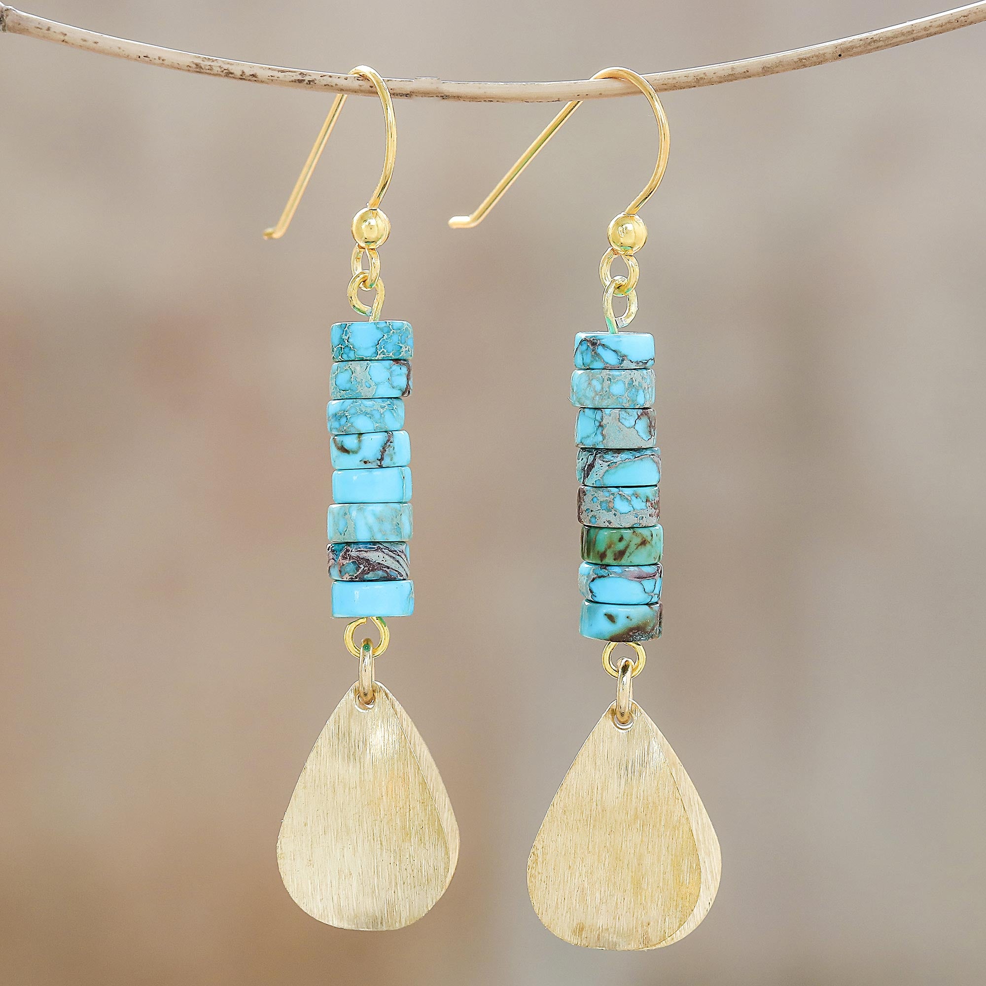 Premium Sea Gold Brass & Turquoise Dangle Earrings - Handcrafted Elegance