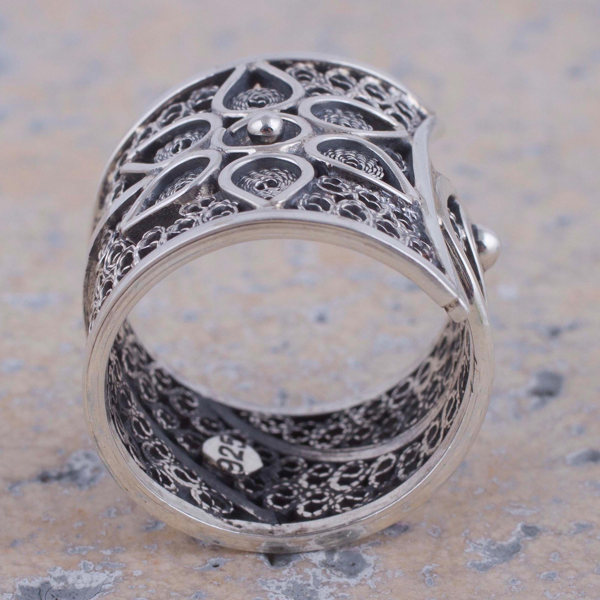 Premium Sterling Silver Floral Filigree Band Ring - Handcrafted in Peru