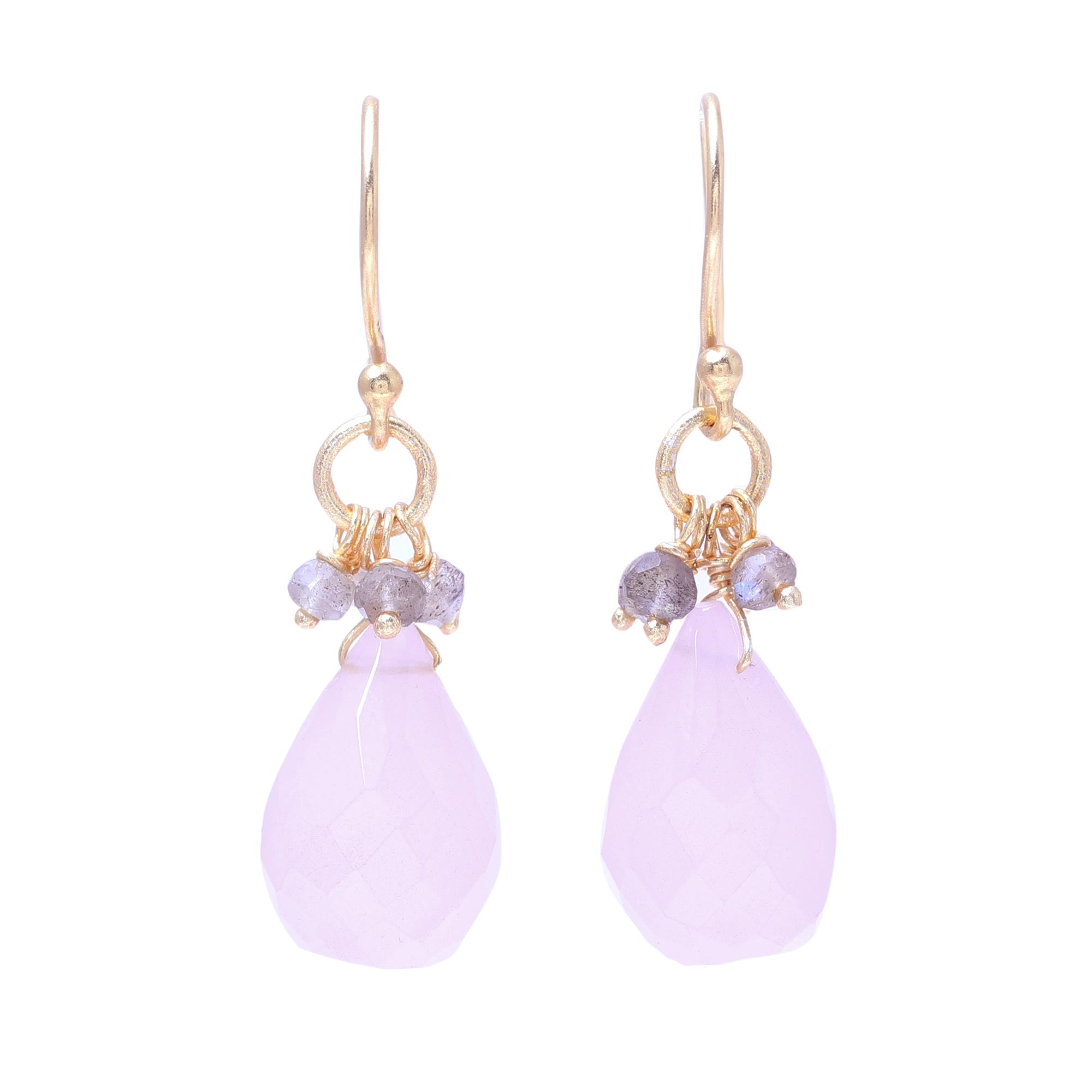 Premium Glittering Pink Drops: 22k Gold Plated Rose Quartz & Labradorite Dangle Earrings