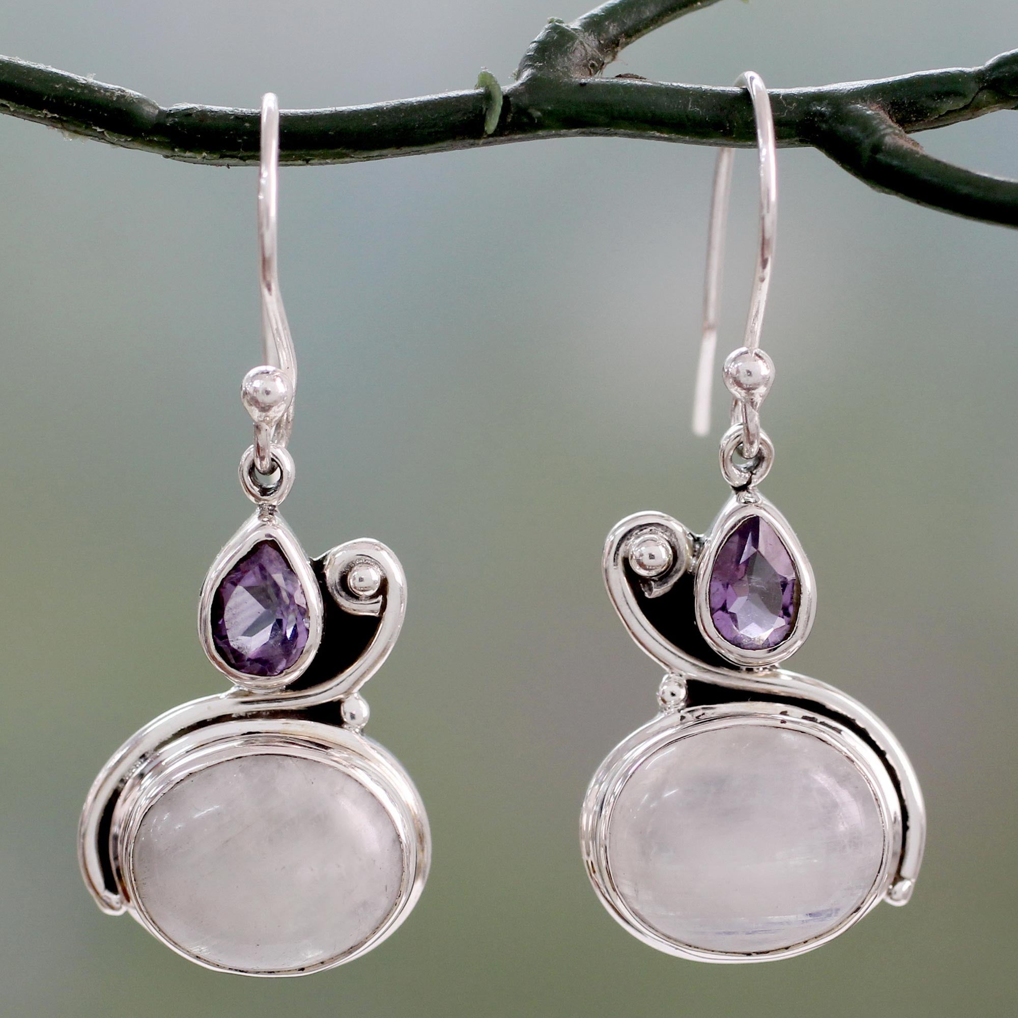 Premium Moonstone & Amethyst Dangle Earrings - Handcrafted Sterling Silver