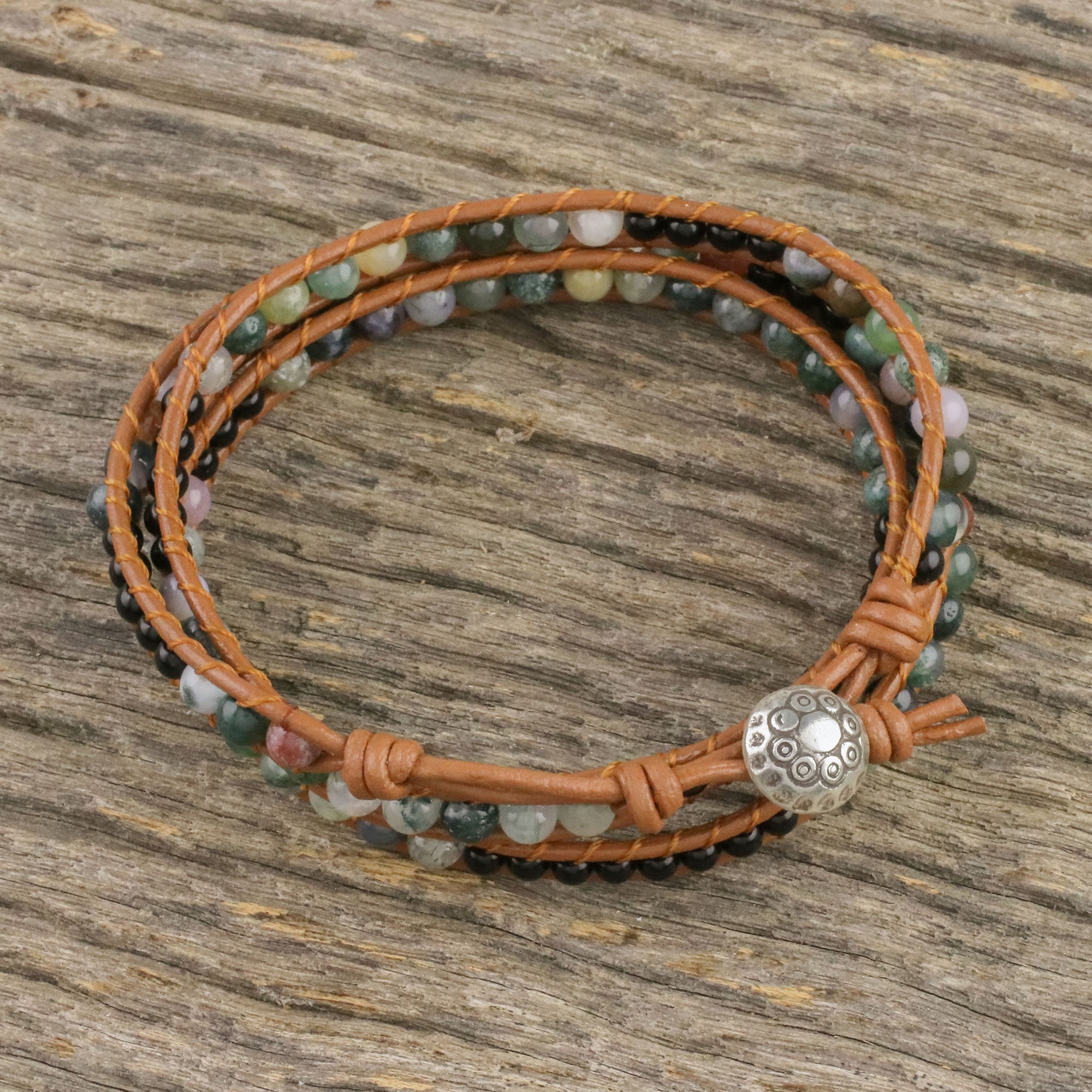 Premium Sunset Fields Moss Agate & Onyx Wrap Bracelet - Unisex Leather Cord Design