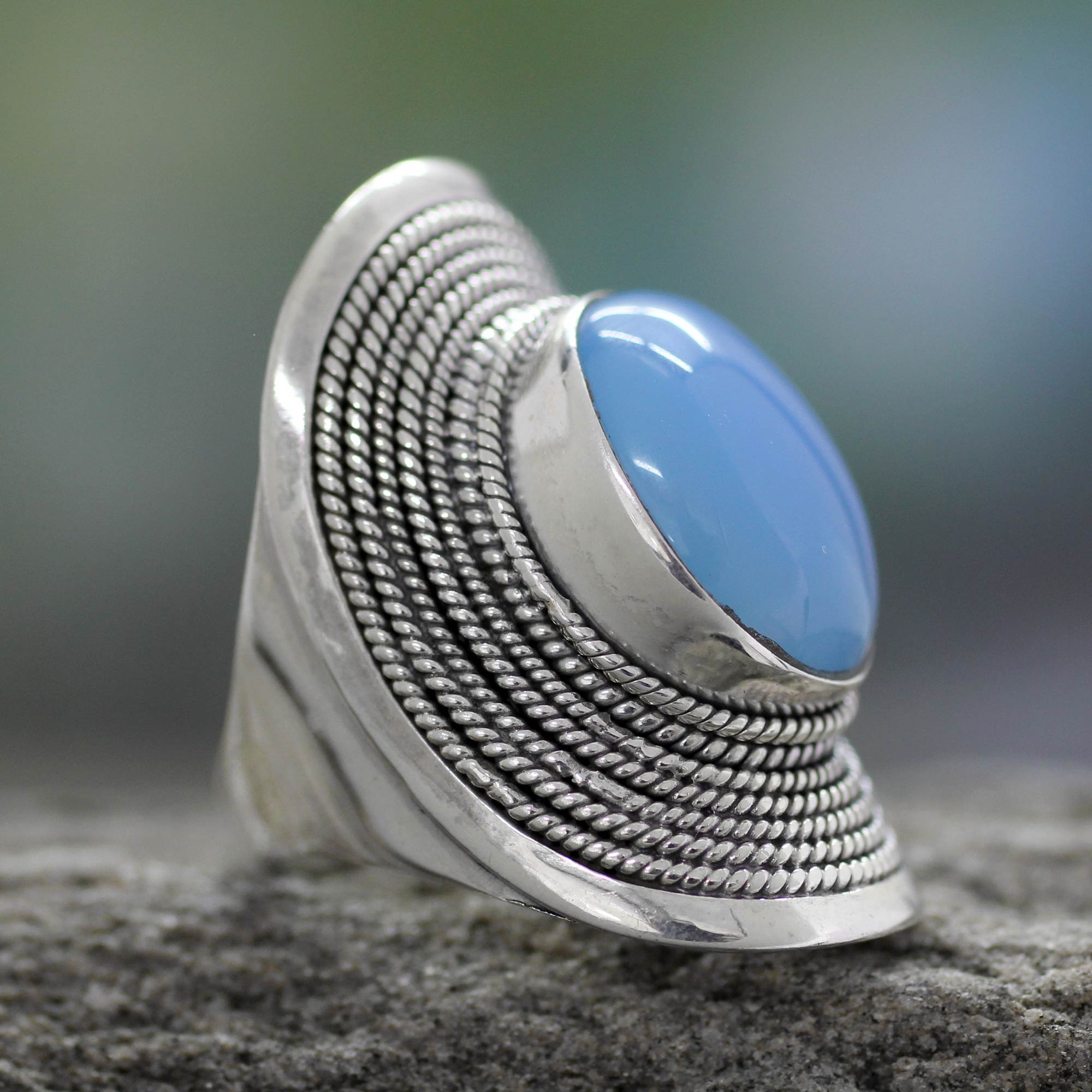 Premium Jaipur Skies Sterling Silver Chalcedony Ring – Handcrafted Elegance from India