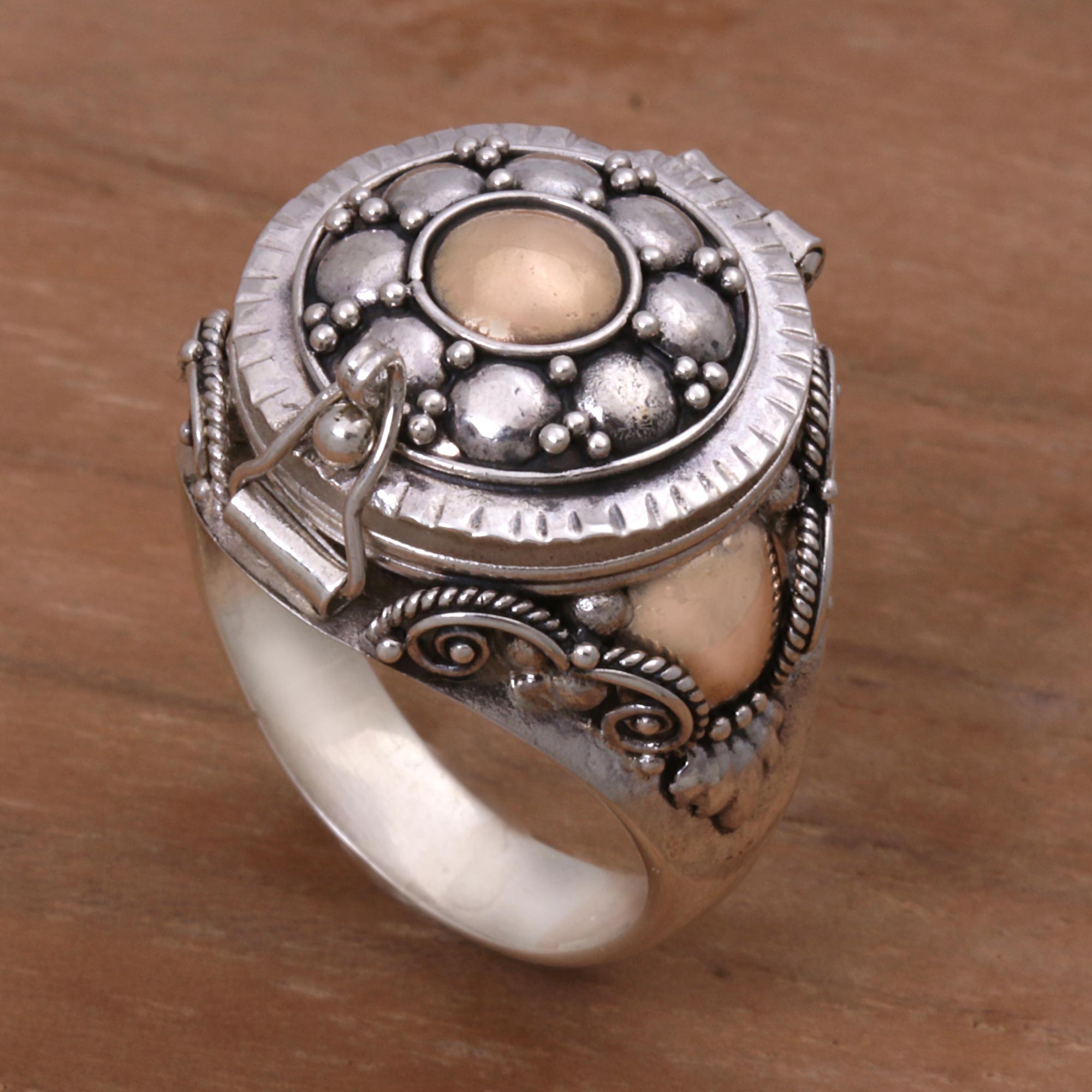 Premium Shining Secrets Sterling Silver & Gold Locket Ring - Handcrafted in Indonesia