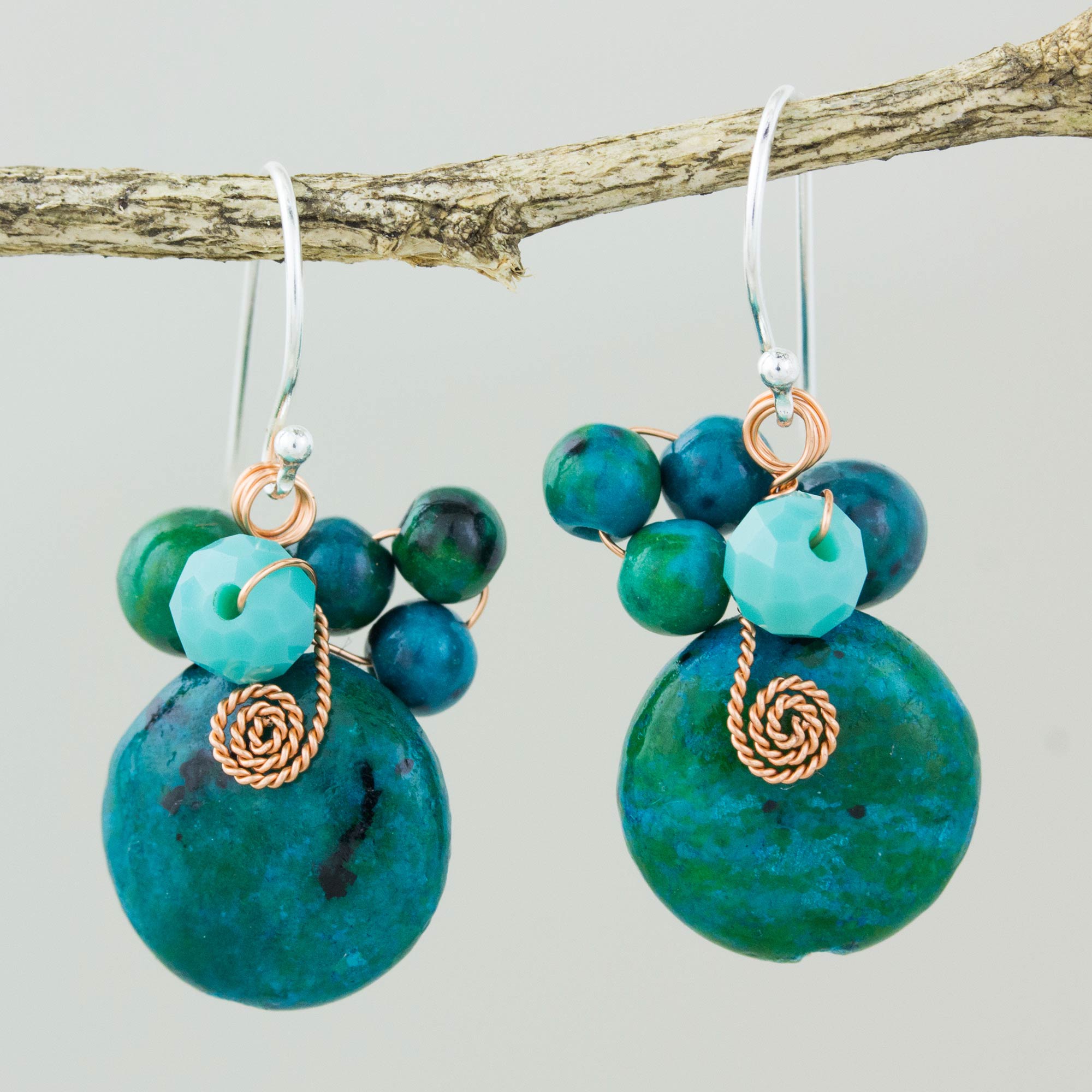 Premium Moonlight Garden Teal Serpentine & Glass Bead Dangle Earrings with Copper Hooks