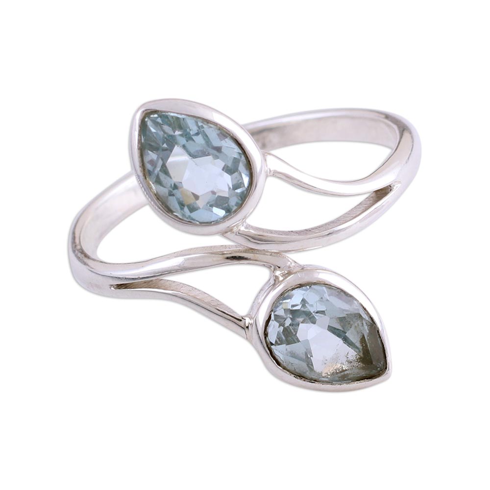 Premium Blue Topaz Teardrop Wrap Ring - Handcrafted Sterling Silver Jewelry from India