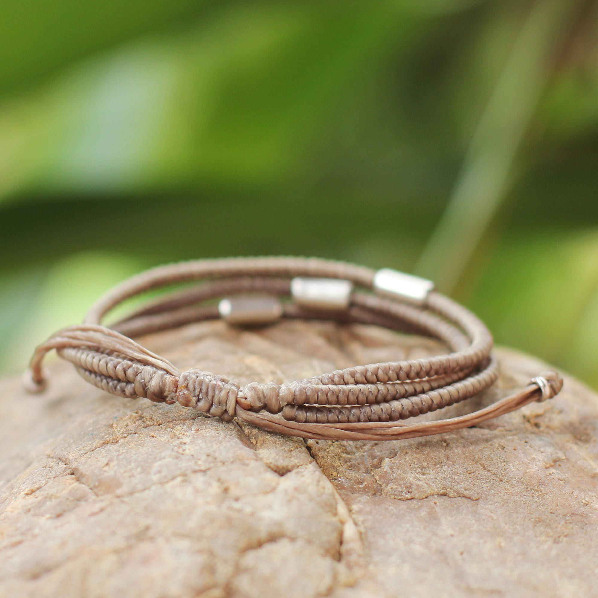 Premium Khaki Thai Silver Braided Bracelet - Handcrafted Hill Tribe Artistry