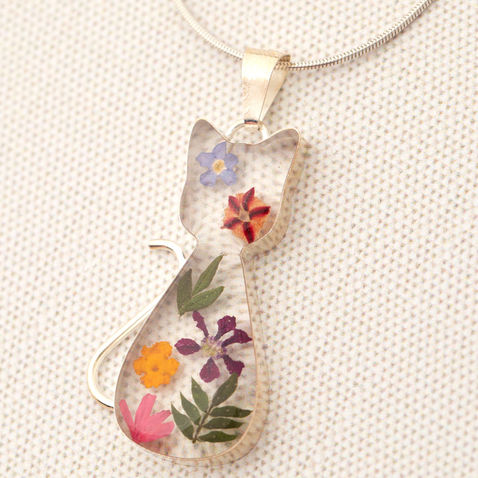 Premium Real Flower & Sterling Silver Cat Necklace