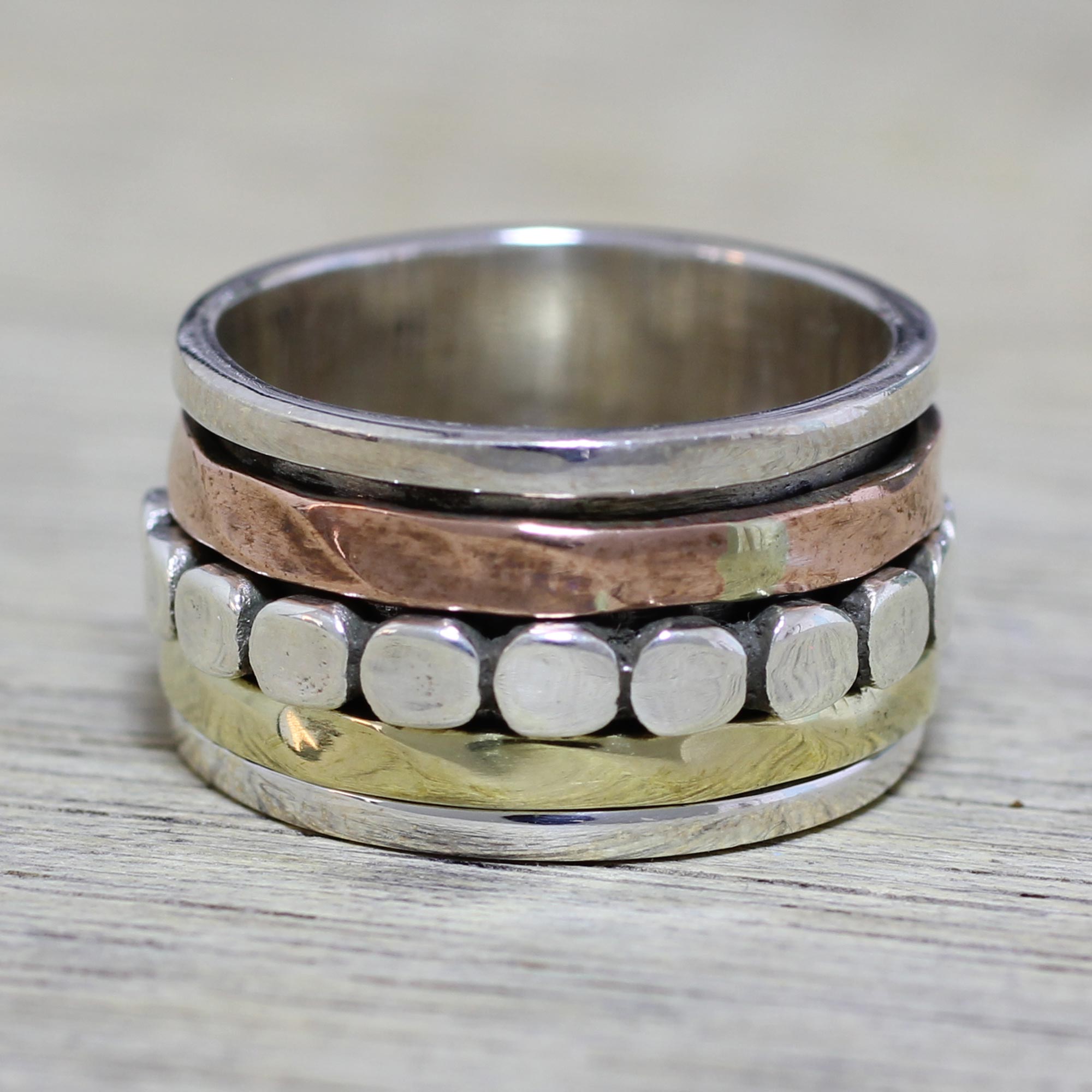 Premium Sterling Silver Spinner Ring with Copper & Brass Accents - Handcrafted in India