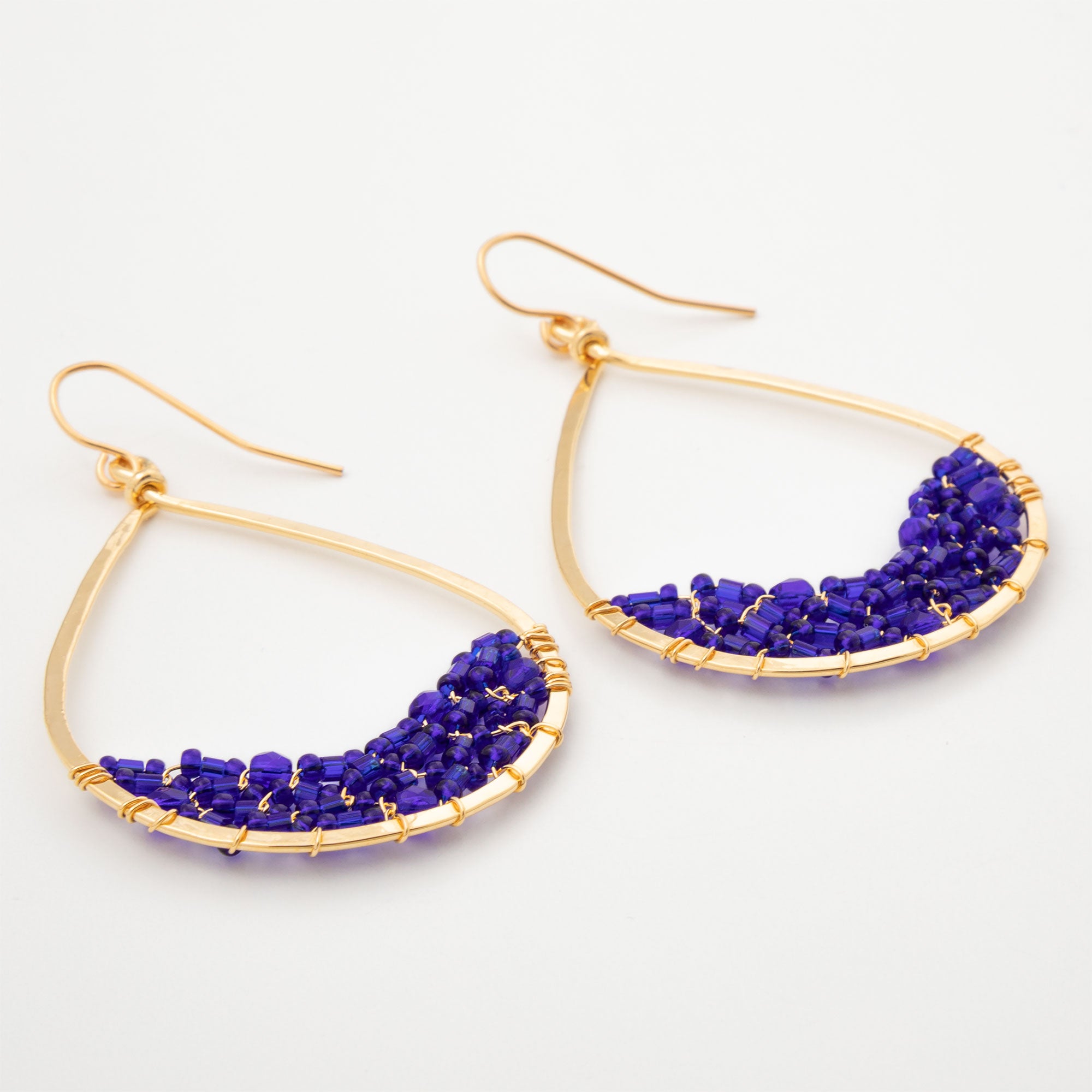 Premium Golden Hammered Teardrop Earrings with Colorful Beads