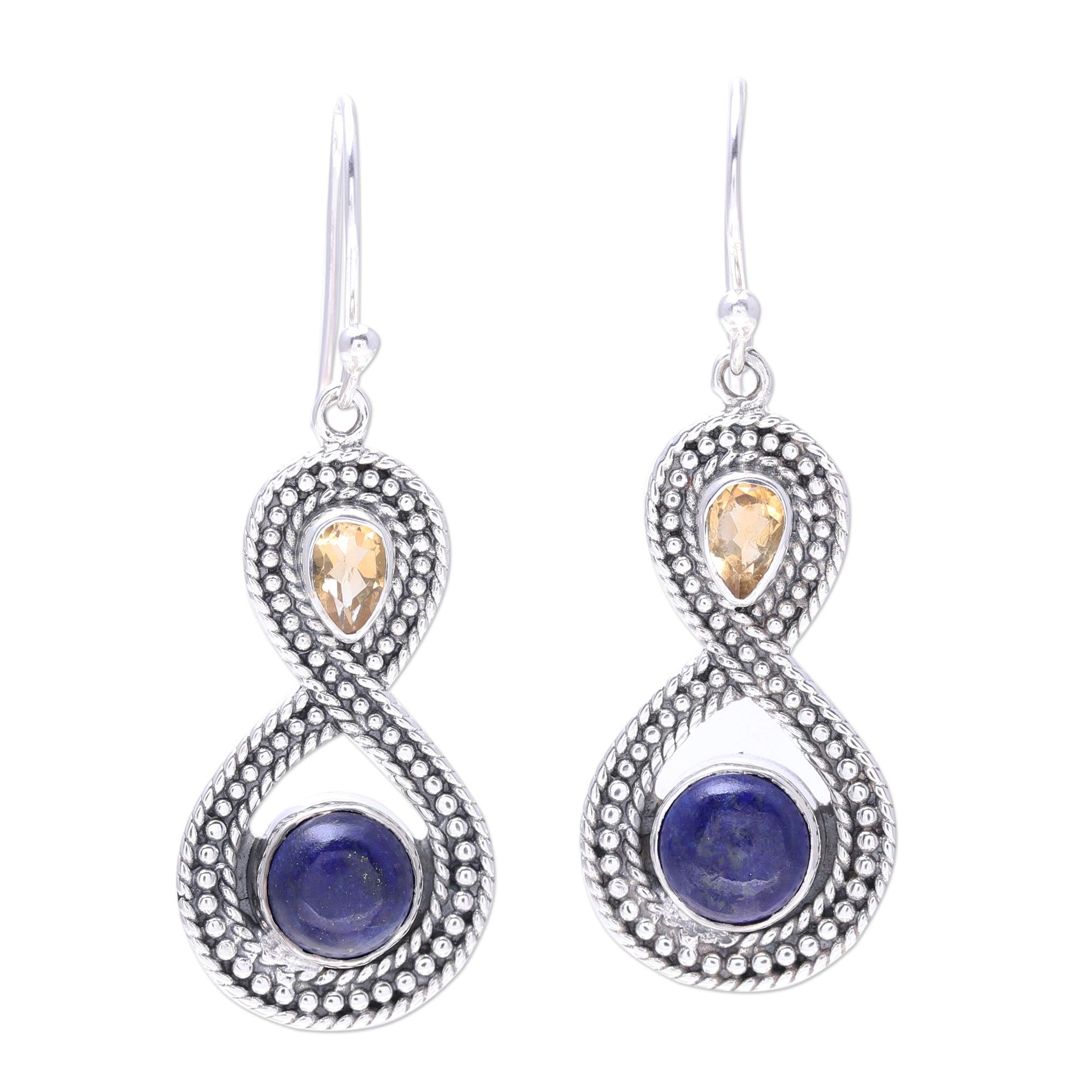 Premium Starlit Sky Citrine & Lapis Lazuli Sterling Silver Dangle Earrings