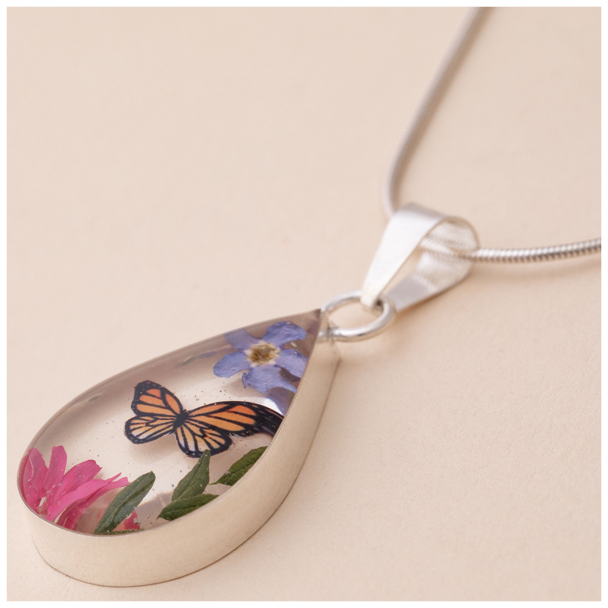 Premium Teardrop Flower Necklace with Sterling Silver & Butterfly Design